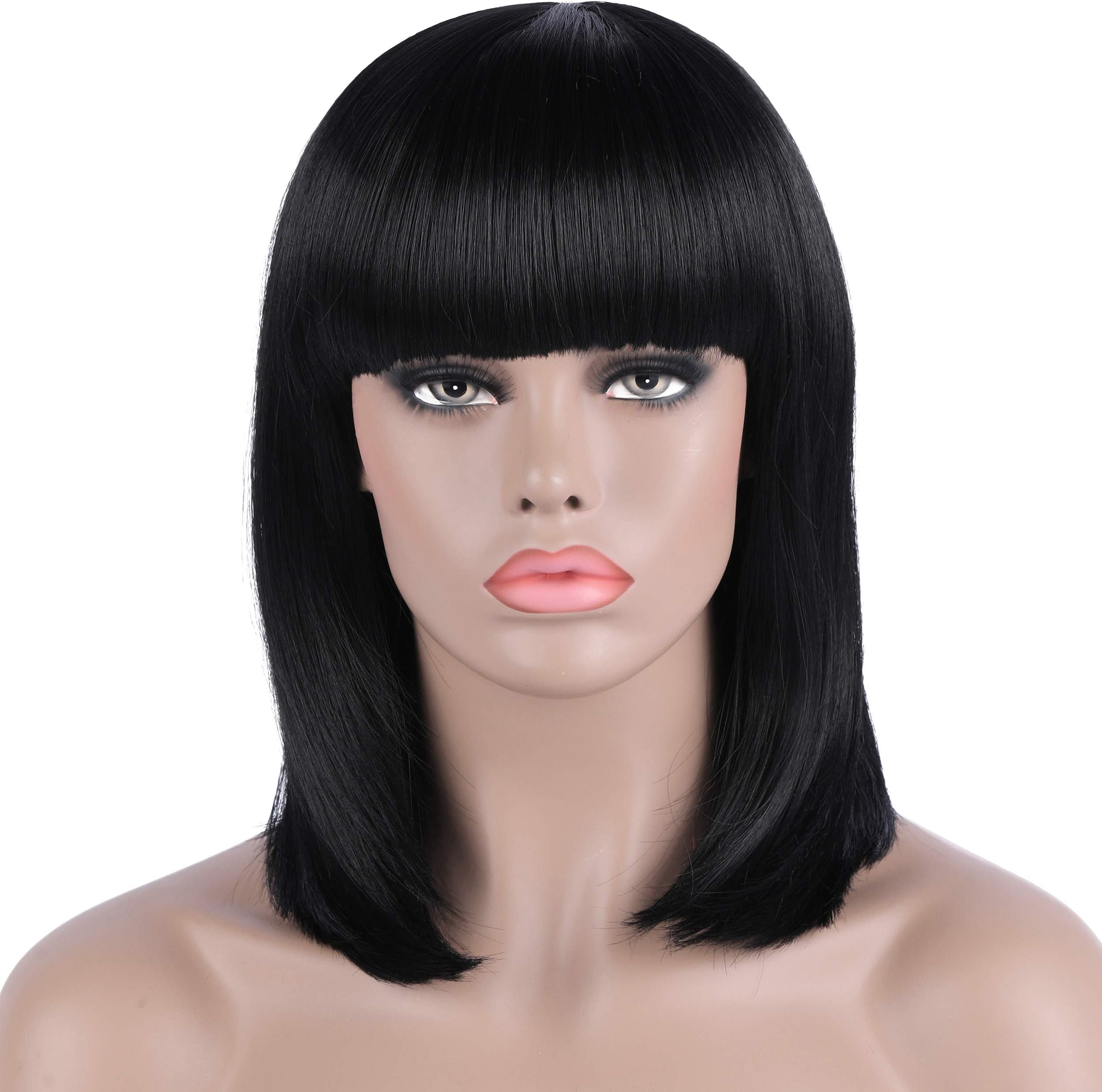 Women's 14 Inch Straight Short Black Bob Wig with Hair Bangs - Heat Resistant Synthetic Full Hair Wigs for Women (Black)