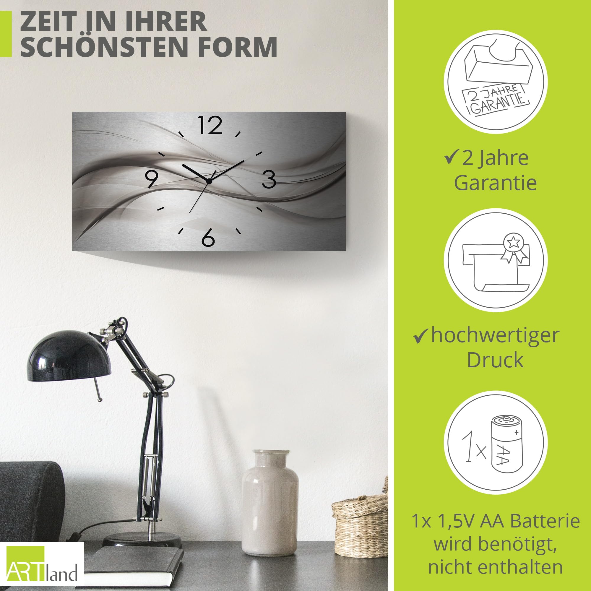ARTLAND Wanddeko Wanduhr ohne Tickgeräusche Alu Quarzuhr 60x30 cm Eckig Lautlos 3D Design Kunst Welle Abstrakt Modern Silber K5ZO