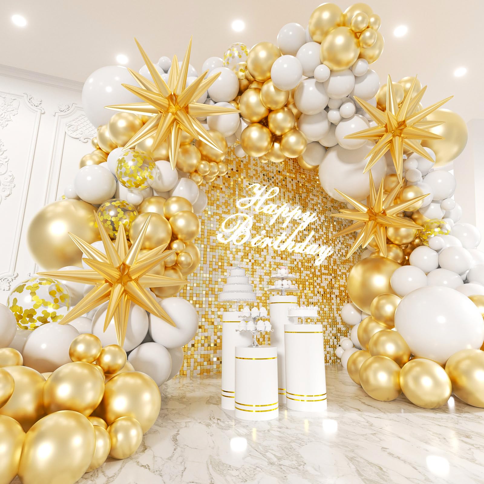 EICUECUE White and Gold Balloons Garland Arch Kit with Stars 200Pcs - 5 10 12 18 22inch Balloon and Confetti Latex Balloons for Wedding Engagements Birthday Bridal Shower Anniversary Party Decorations