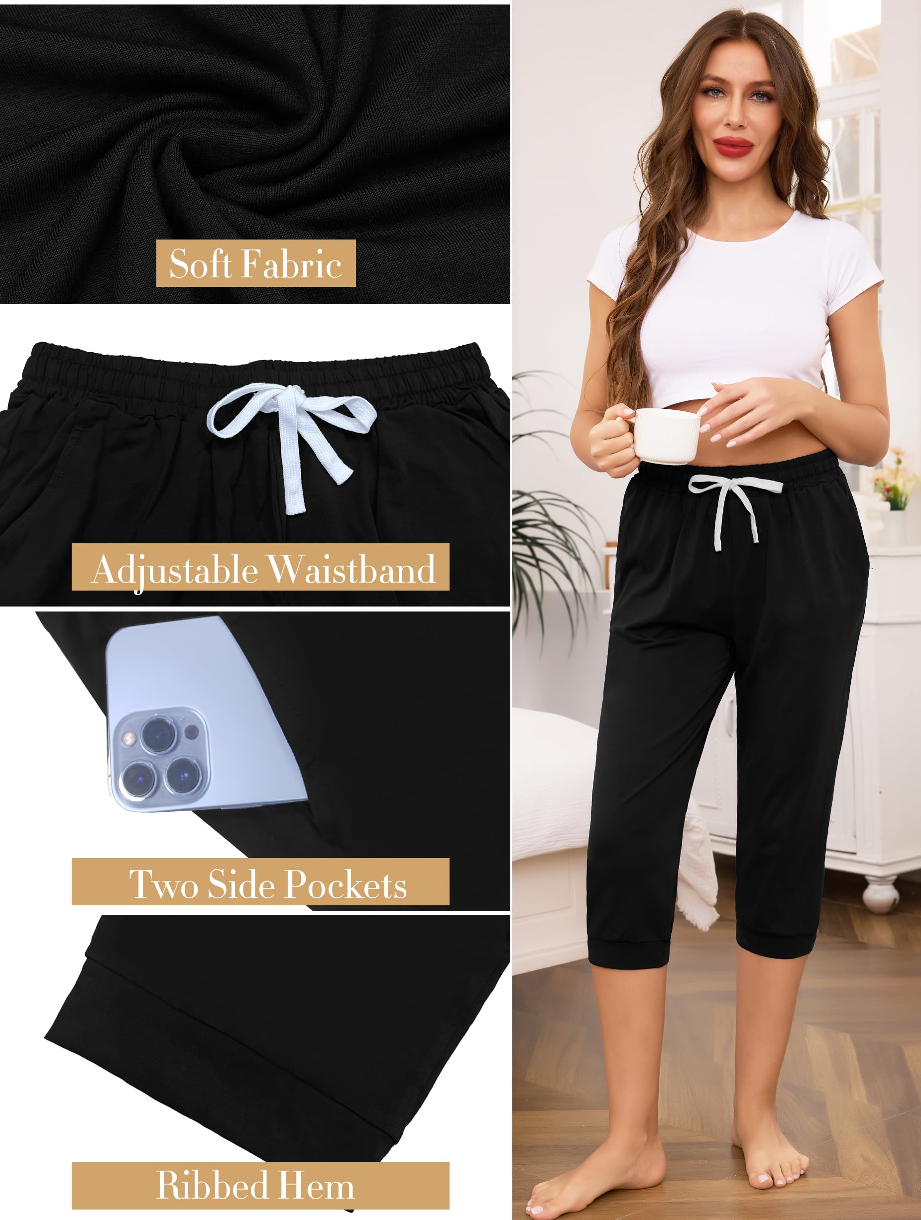 Vlazom Pantalone Pigiama Donna 7/8 Cotone Elastico con Cordino Bianco Regolabile e Tasche