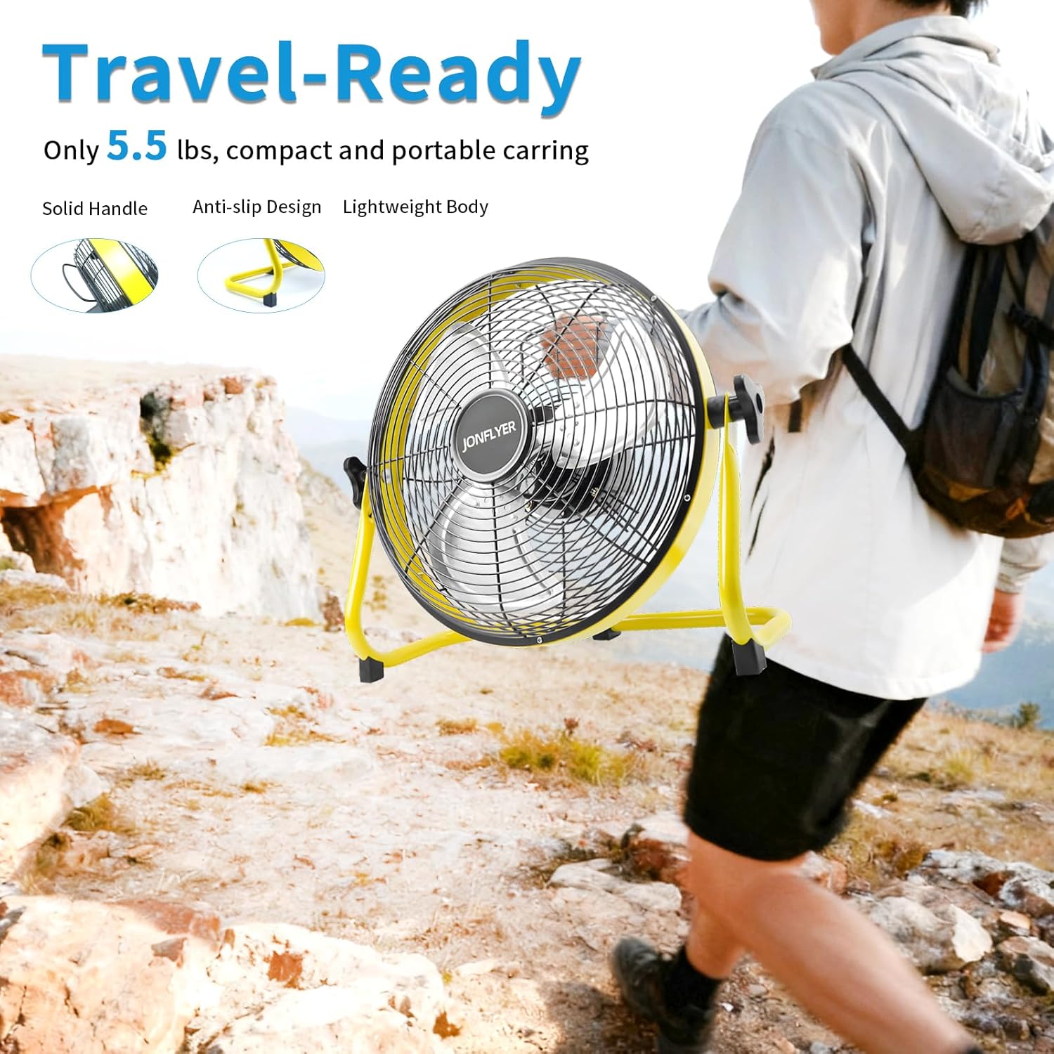 12 Inch Battery Operated Floor Fan - Rechargeable Powered Fan Portable High Velocity Metal Blade Fan