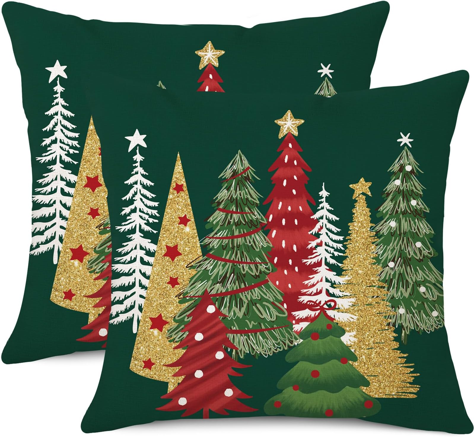 Coeufuedy Green Christmas Throw Pillow Covers 18 x 18 Inch Set of 2 Xmas Tree Christmas Winter Holiday Decorative Cushion Case for Sofa Couch Home Decor
