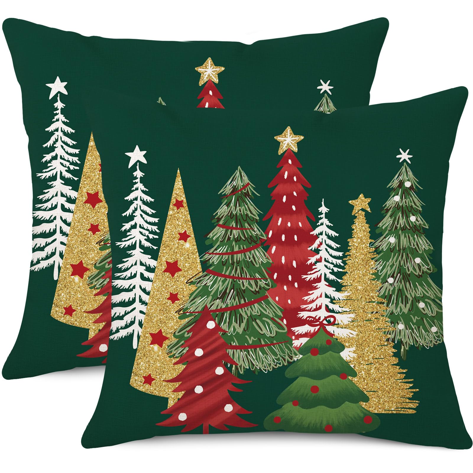 Coeufuedy Green Christmas Throw Pillow Covers 18 x 18 Inch Set of 2 Xmas Tree Christmas Winter Holiday Decorative Cushion Case for Sofa Couch Home