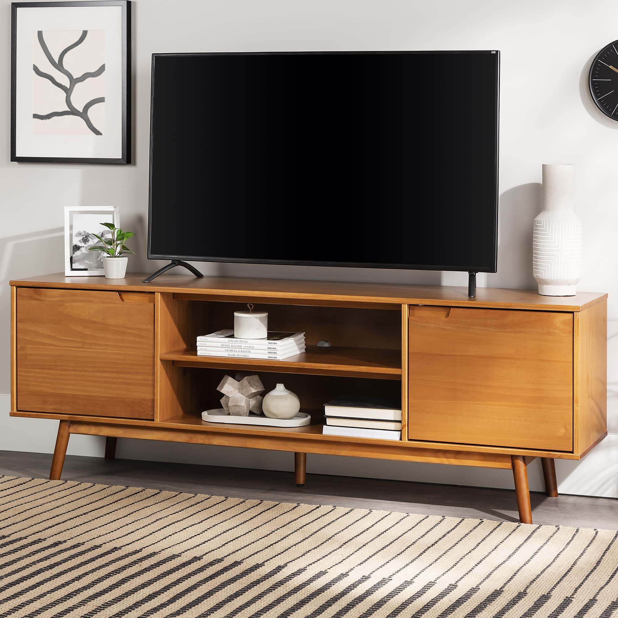 Walker Edison Emery Mid Century Modern Solid Wood Stand for TVs up to 80 Inches, 70 Inch, Caramel