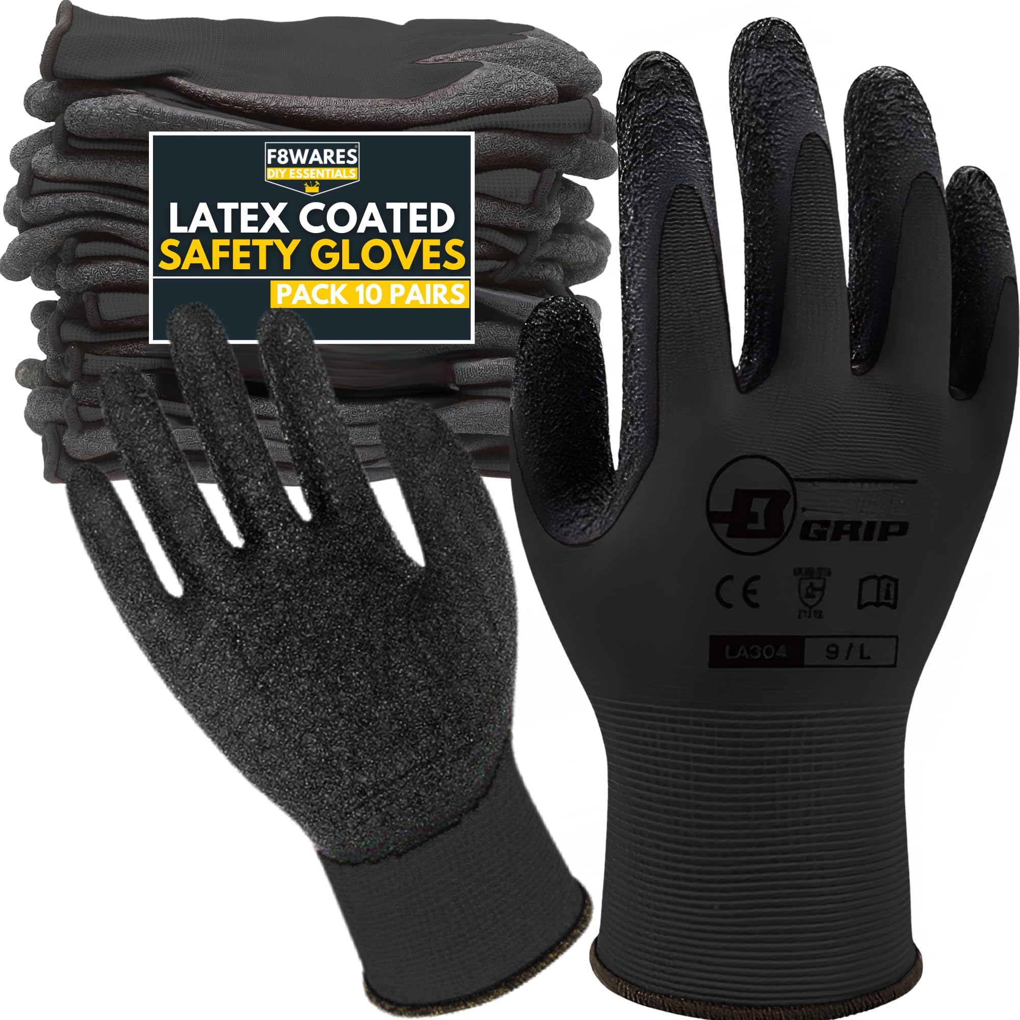 10 Pairs Latex Coated Safety Gloves - Industrial, Gardening & Working Gloves - Anti Cut Resistant