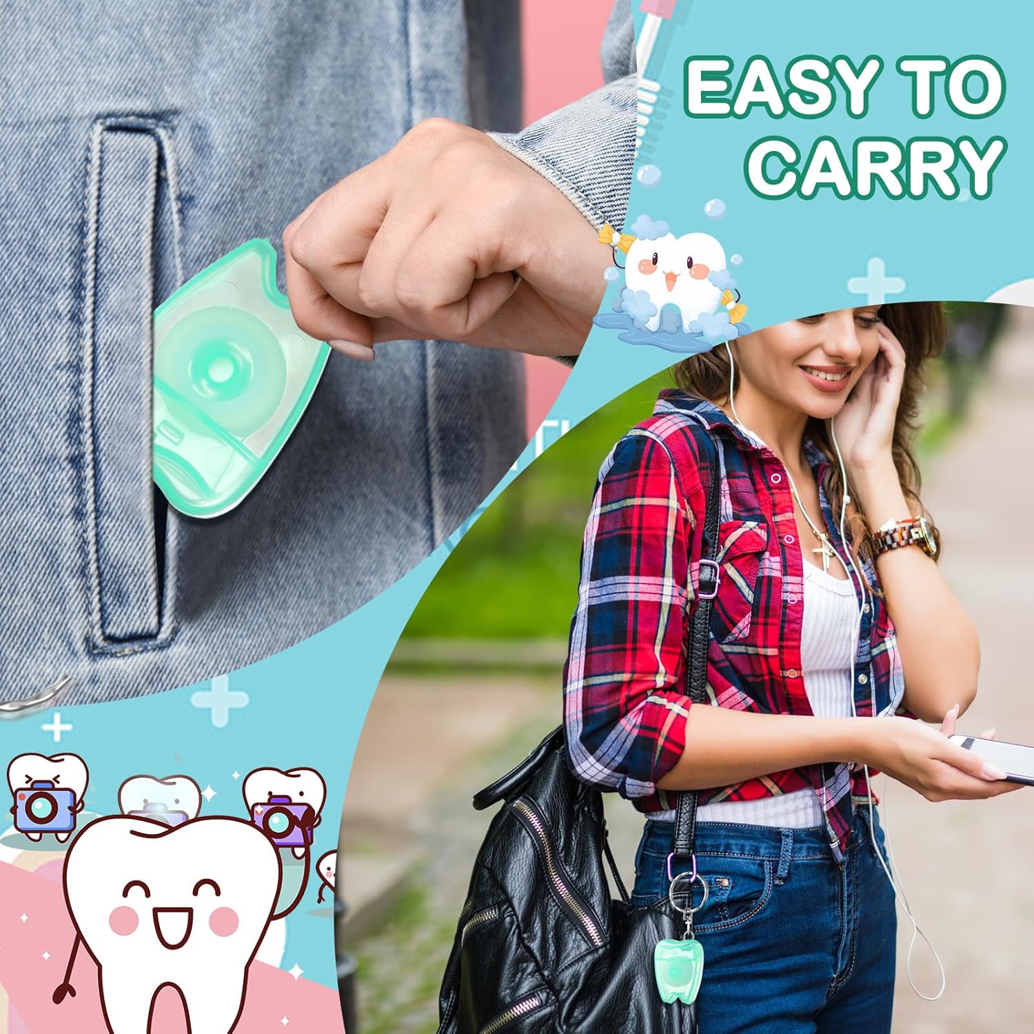 Landical 50 Pcs Mini Dental Floss Keychain Bulk Tooth Shaped Portable Floss Cleaning for Travel Homeless Donated Gifts Teeth Cleaning Oral Care 15 M /16.4 Yard (Mint Green)