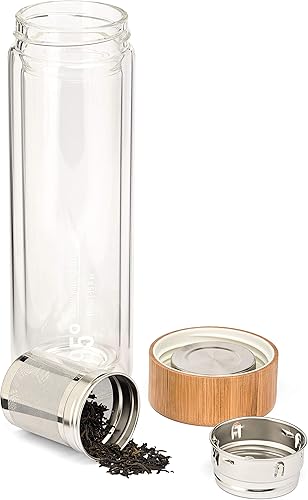 Miniatura 2 de 95° Botella de té de vidrio de doble pared con infusor de acero inoxidable extraíble, libre de BPA y BPS, vaso de viaje aislado y a prueba de fugas