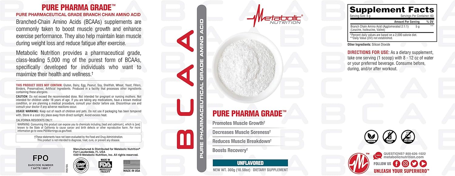 Metabolic Nutrition BCAA, 300 Grams, Powder : Health & Household
