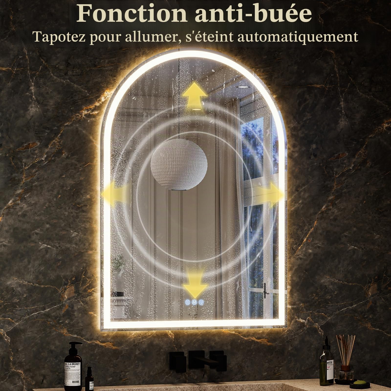Koonmi Miroir de salle de bain LED 100 x 75 cm avec rétroéclairage, miroir cosmétique bombé avec fonction anti-buée, intensité variable, couleur de lumière à trois niveaux, fonction mémoire, verre