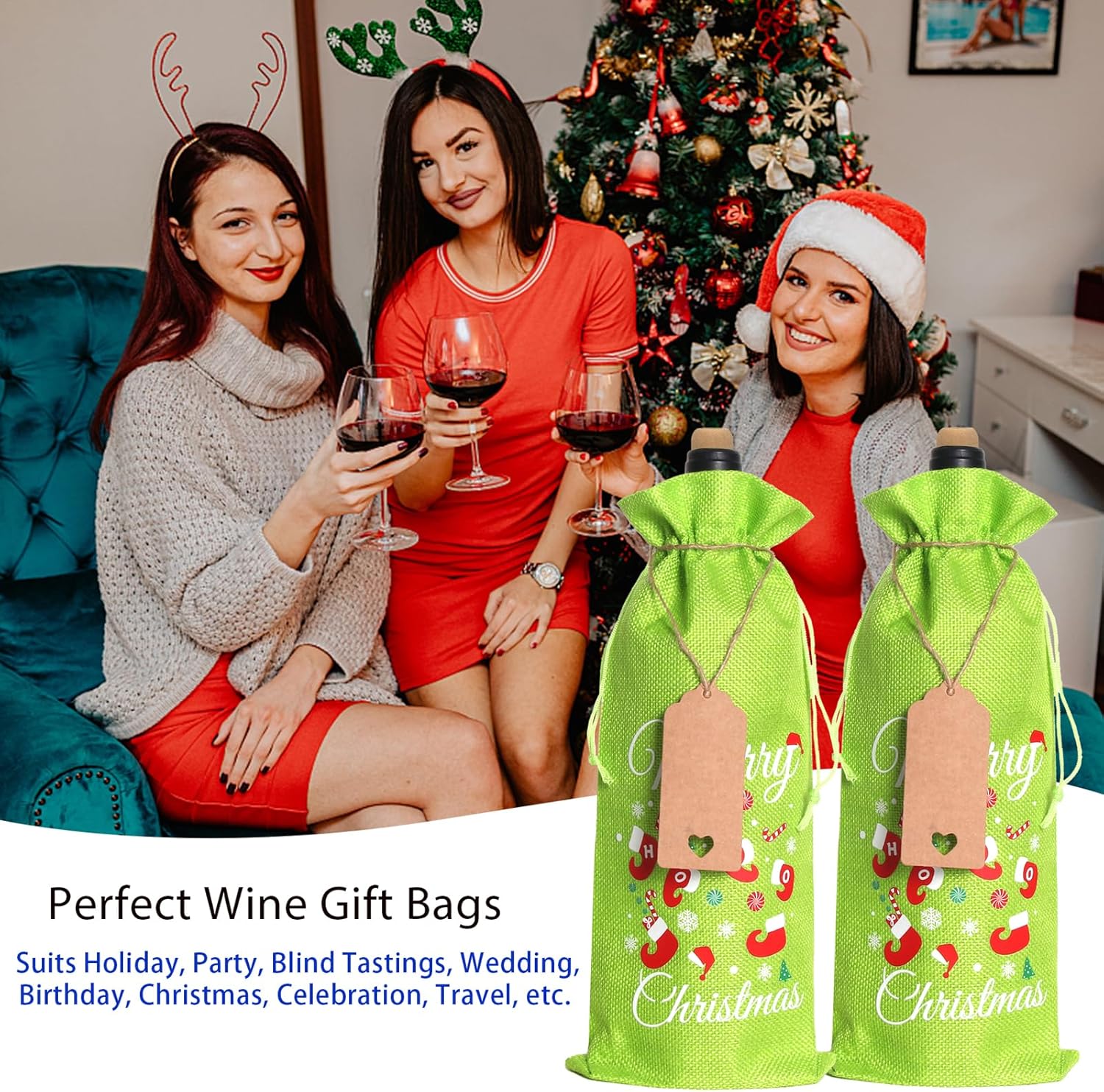 Burlap Wine Bag Green Christmas Wine Bag 12 Pcs Wine Bottle Bags With Drawstrings Tags & Ropes for Holiday Weedings Party, Birthdays, Travel, Blind Tastings, Home Storage Reusable - Image 7