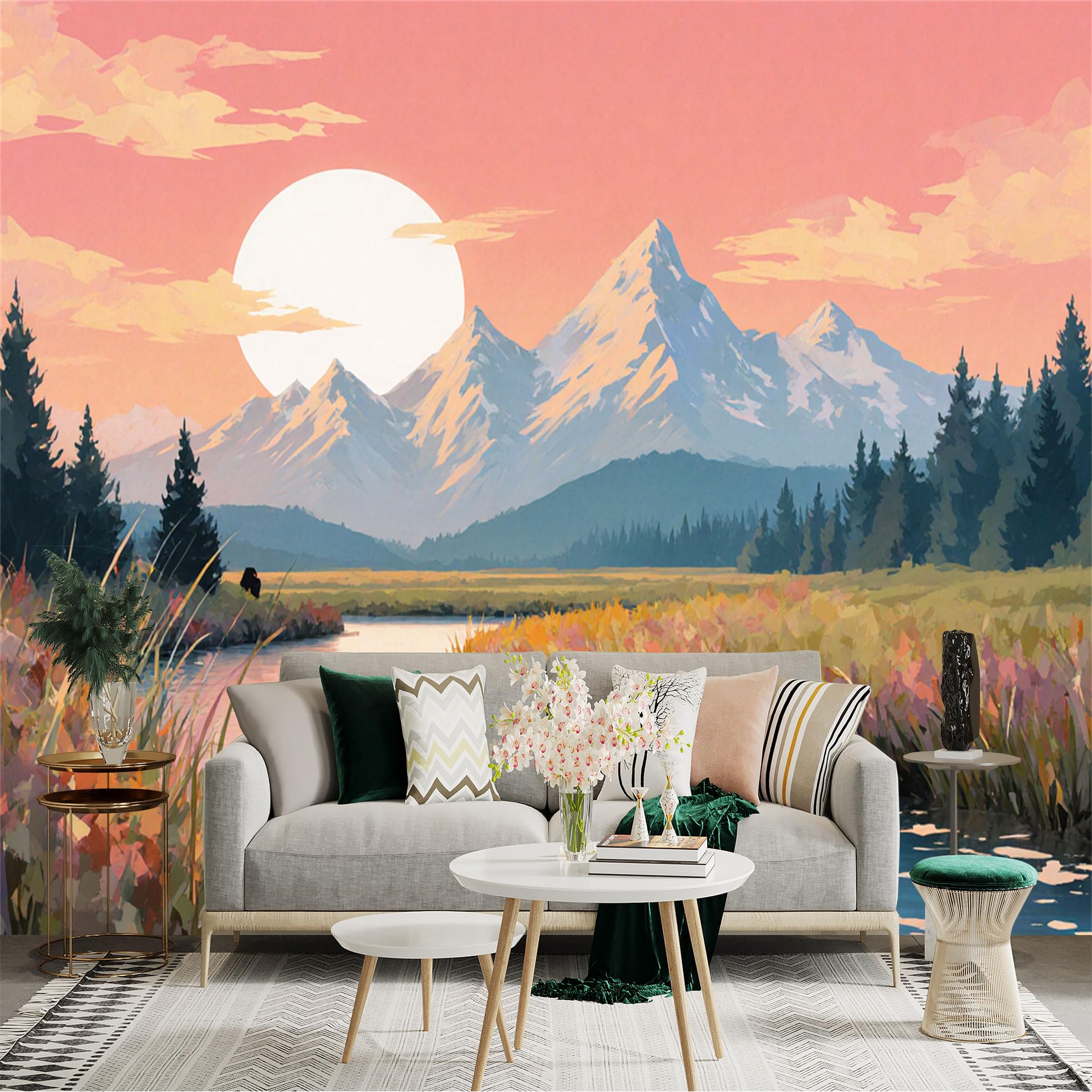 Custom Size Wall Sticker Mural， Sunset Mountain Landscape with River， Forest and Golden Sky， for wall Decoration， peelandstick wall Decals.