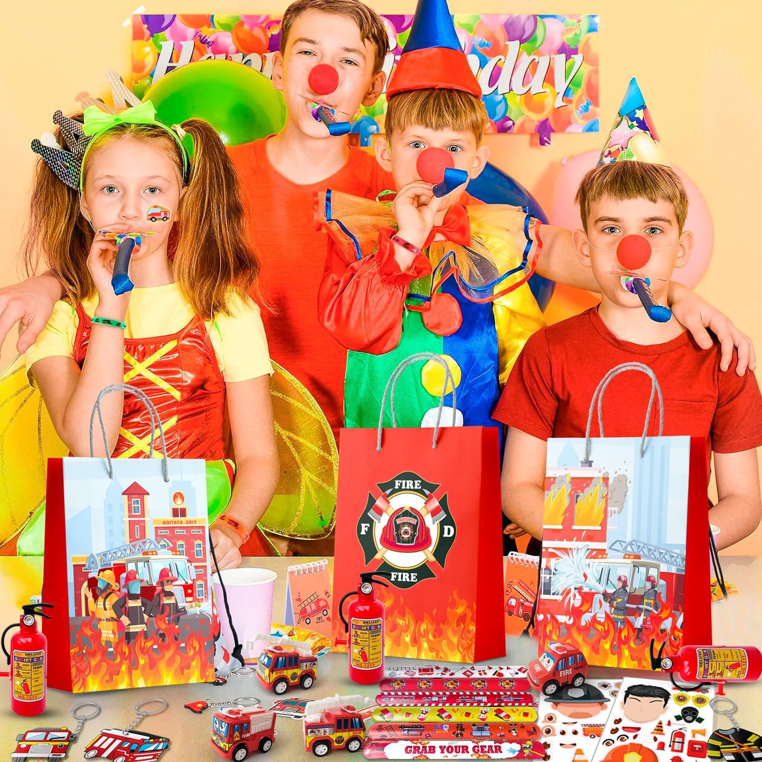Firefighter Party Favors, 72pcs Fire Truck Party Favors Set Firefighter Party Stickers Slap Bracelets Keychains etc for Fire Truck Birthday Party Decorations Supplies - Image 4