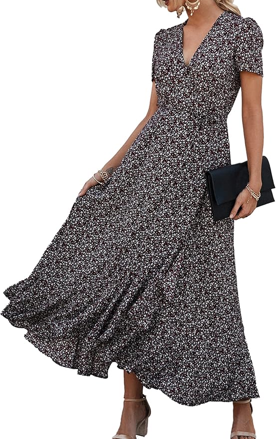 PRETTYGARDEN Women's Summer Maxi Dress Casual Wrap Floral Boho Short Sleeve V Neck Split Ruffle Beach Long Dresses