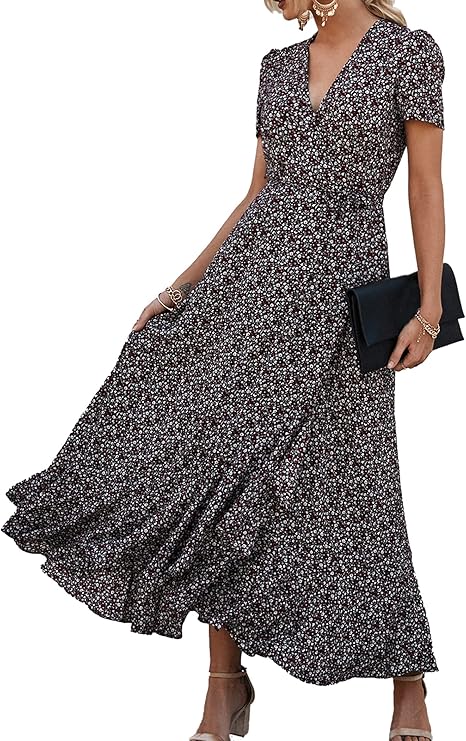 PRETTYGARDEN Women's Summer Wrap Maxi Dress Casual Boho Floral V Neck Short Sleeve Ruffle Hem Split Beach Long Dresses
