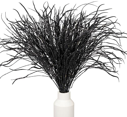 5 Pcs Halloween Picks and Sprays Black Artificial Curly Willow Branches 27.4Inch Floral Twig Stems Sticks Vase Fillers Black Halloween Ornament for Centerpieces Party Holiday Christmas Decorations