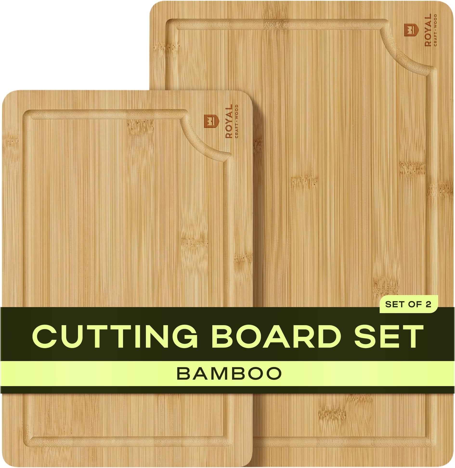 ROYAL CRAFT WOOD Wooden Cutting Boards for Kitchen Meal Prep & Serving - Bamboo Wood Serving Board Set with Deep Juice Groove Side Handles - Charcuterie & Chopping Butcher Block for Meat