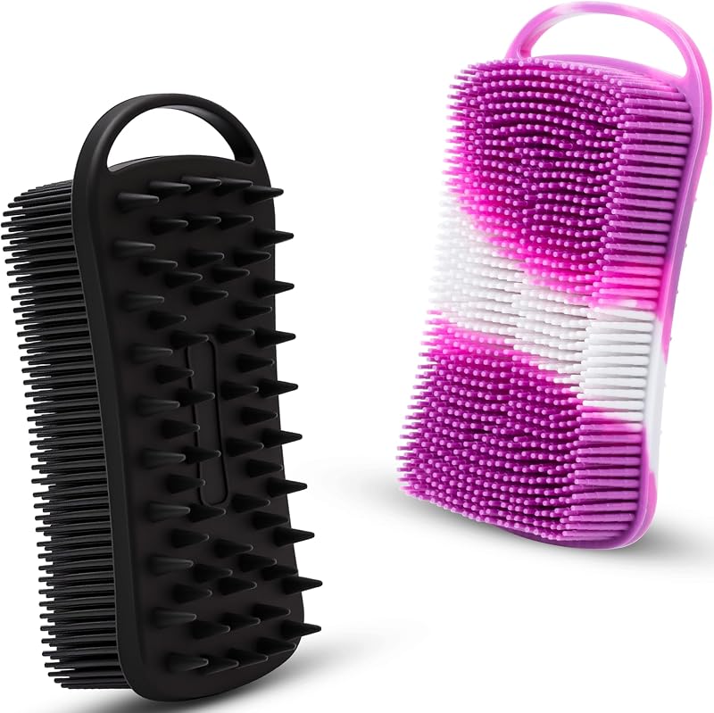 Escova de silicone para corpo e couro cabeludo MtBoi, 2 em 1, preta e roxa, pacote com 2