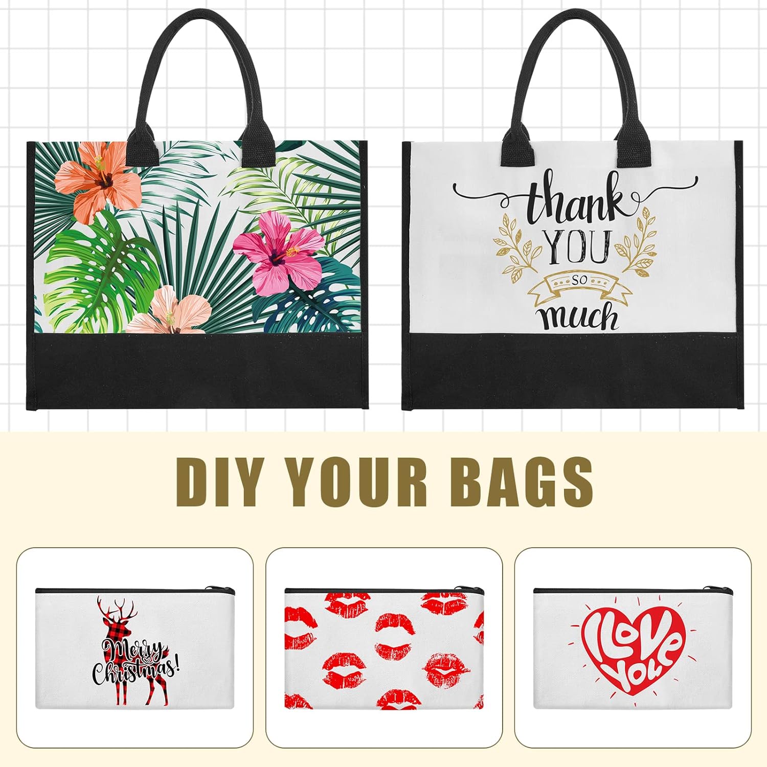 Yahenda 24 Pcs Beach Canvas Tote Bag with Canvas Set Blank Initial Makeup Reusable Gift Bags for Women Personalized Kitchen Grocery for Gift DIY Travel Shopping Bridesmaid Bride Wedding, Black White