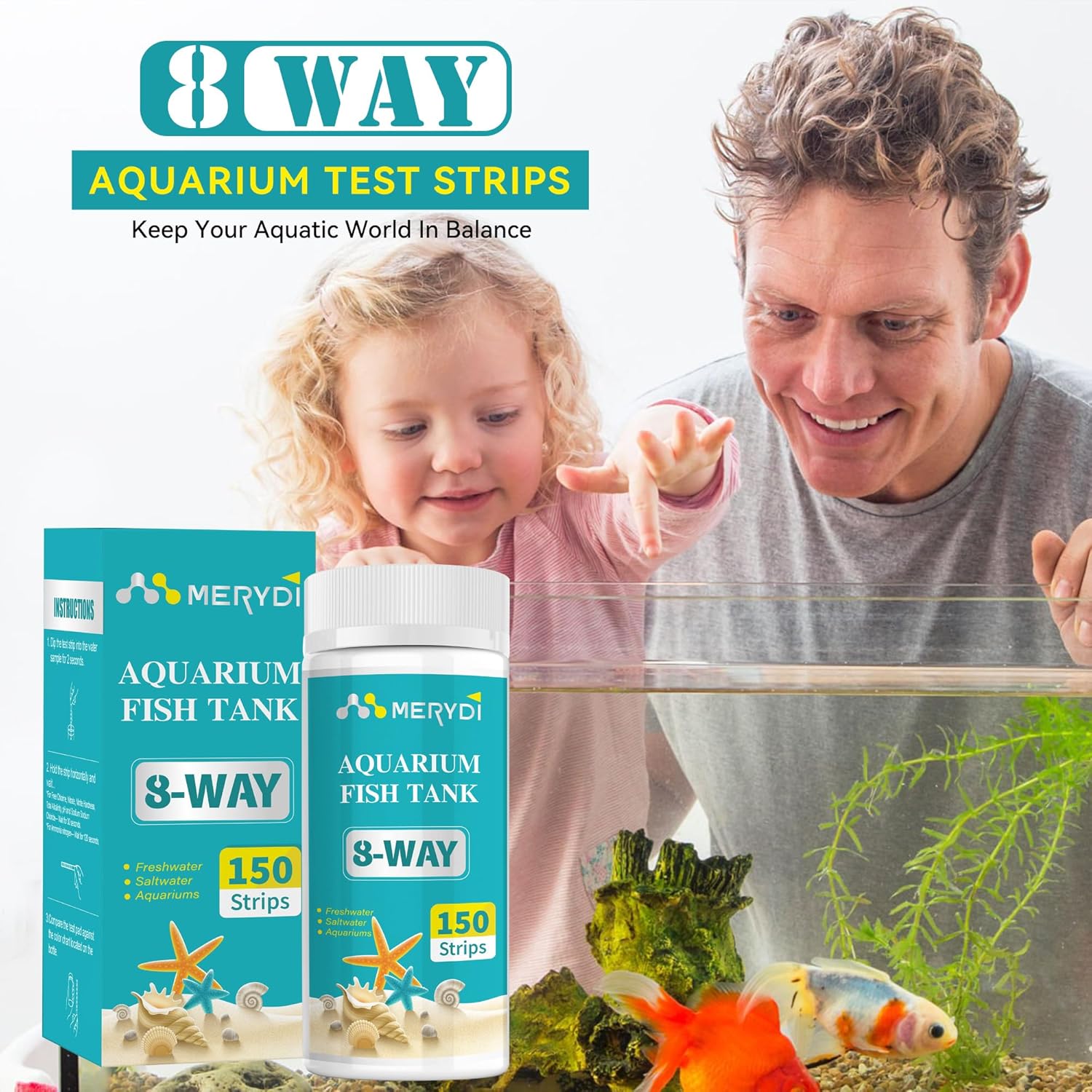 Aquarium Test Strips 8 Way, 150ct Aquarium Ammonia Test Strips for Saltwater Freshwater Aquariums,Pond Fish Tanks, Aquarium Test Kit-Test pH, Alkalinity,Nitrate,Ammonia and More