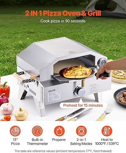 Miniatura 2 de VEVOR Horno de pizza para exteriores 2 en 1, horno y parrilla de pizza de propano de 13 pulgadas, horno de gas propano de mesa de 12,000 BTU con