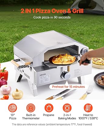 VEVOR 2 IN 1 Outdoor Pizza Oven, 13 in Propane Pizza Oven & Grill, 12,000 BTU Tabletop Propane Gas Oven with Pizza-Stone, Thermometer, Stainless Steel Portable Grill, for Camping & Backyard