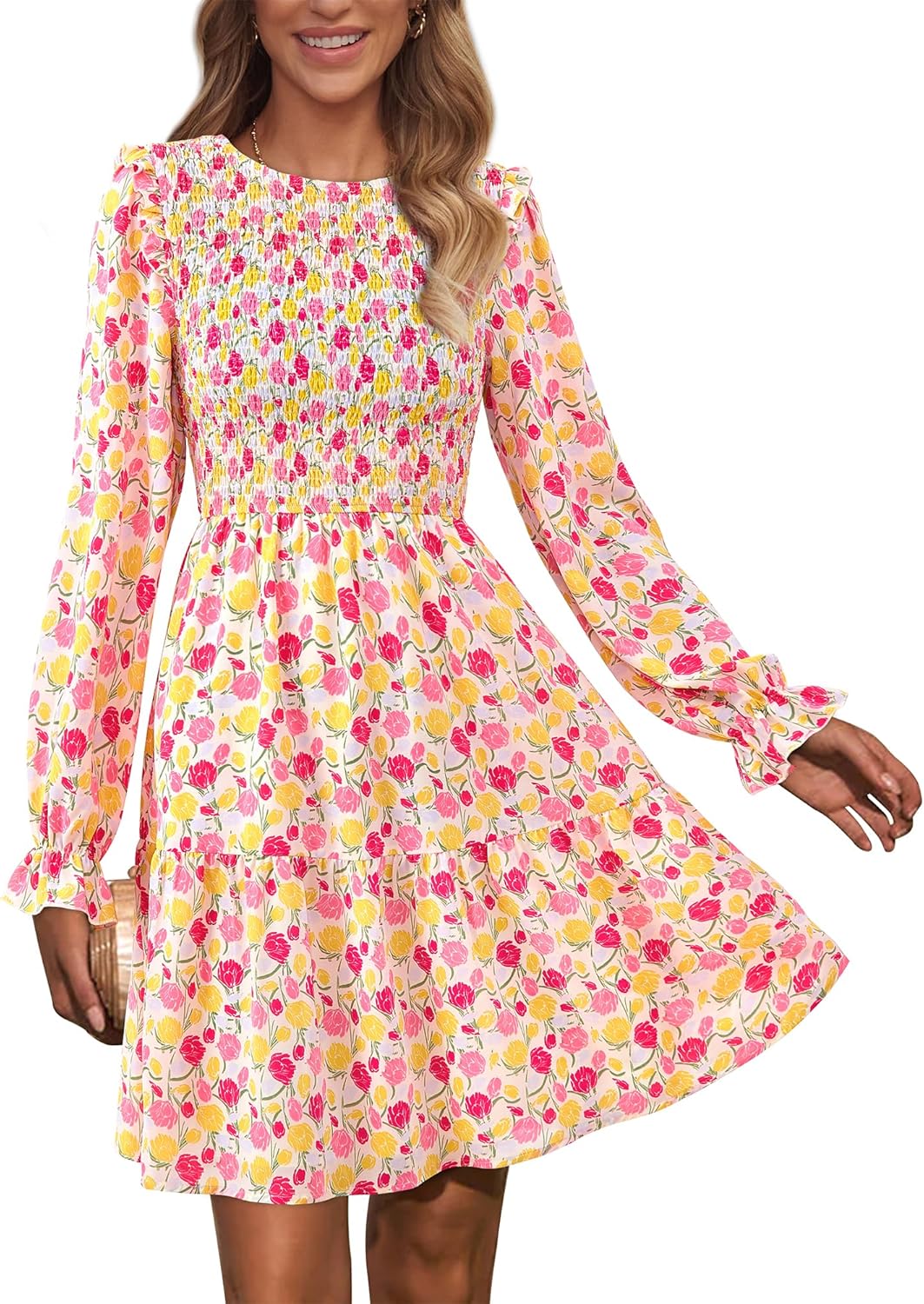 KIRUNDO Long Sleeve Dress for Women 2025 Summer Fall Wedding Guest Smocked Floral Crewneck Ruffle A Line Flowy Mini Dress