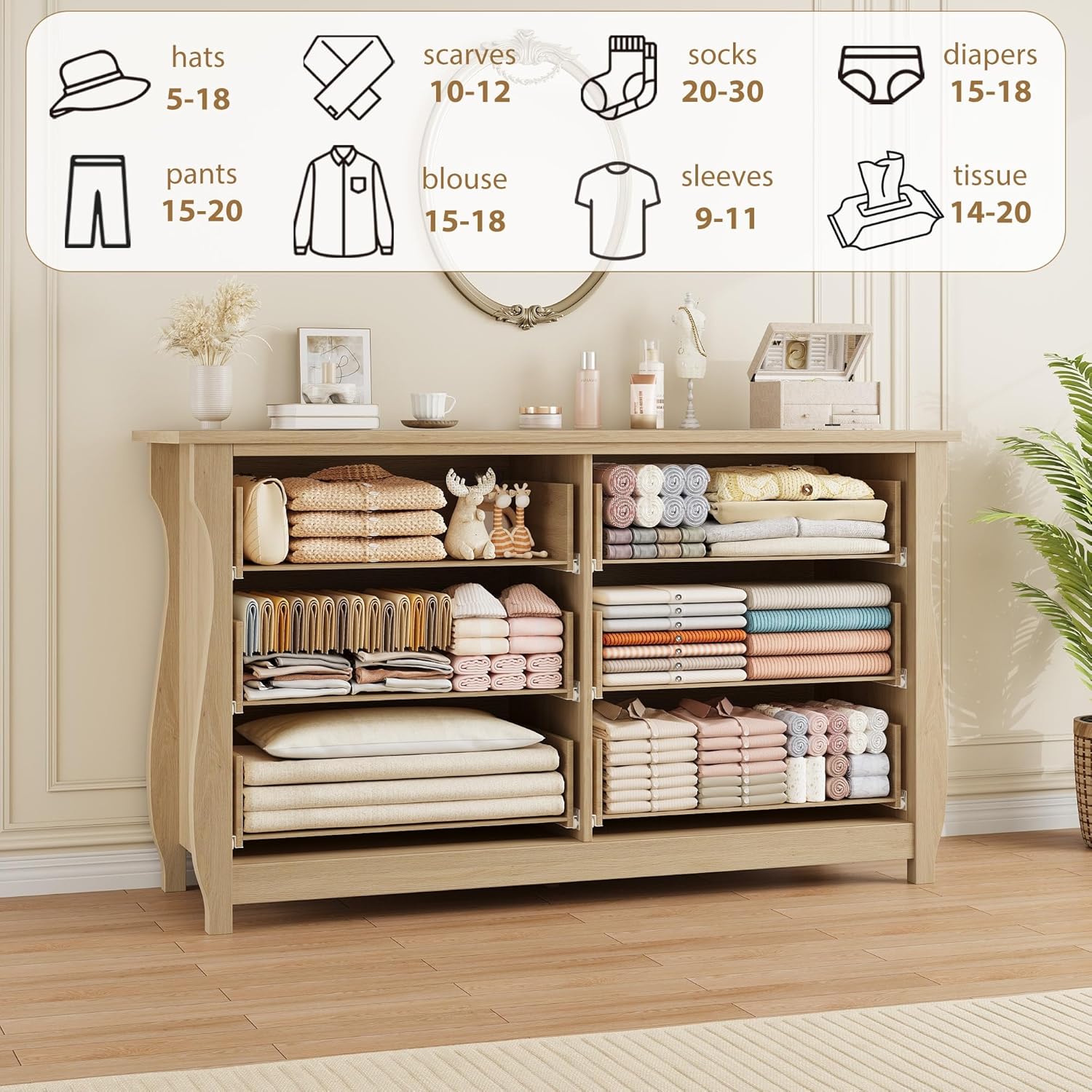 GarveeHome Dresser for Bedroom, Modern Wood 6 Drawer Dresser with Black Ring Pull Handles, 47 in Wide Chest of Drawer, White Storage Organizer for Living Room, Entryway, Natural Oak