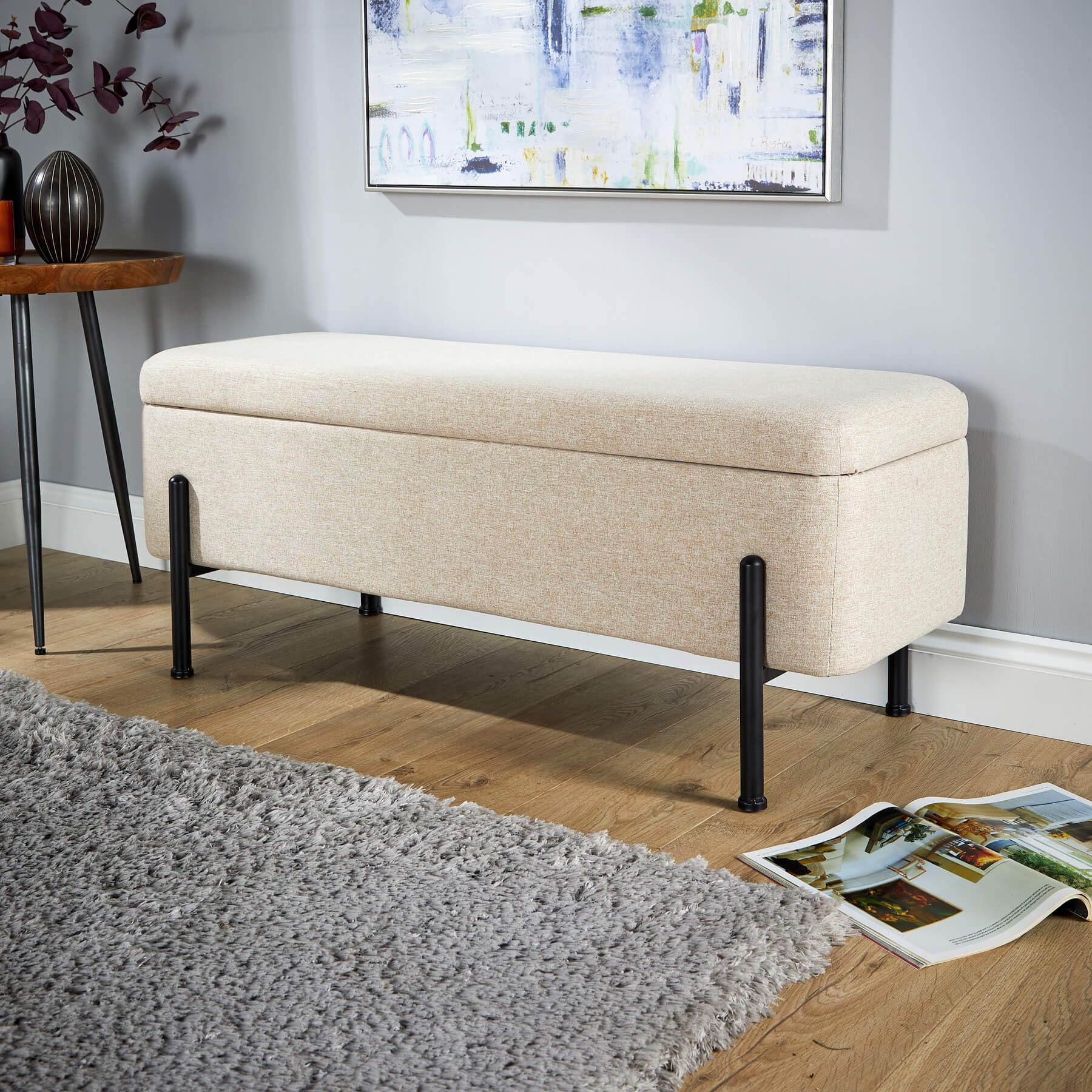Home Source Linen Fabric Storage Ottoman Blanket Box, Black Metal Legs, Off White