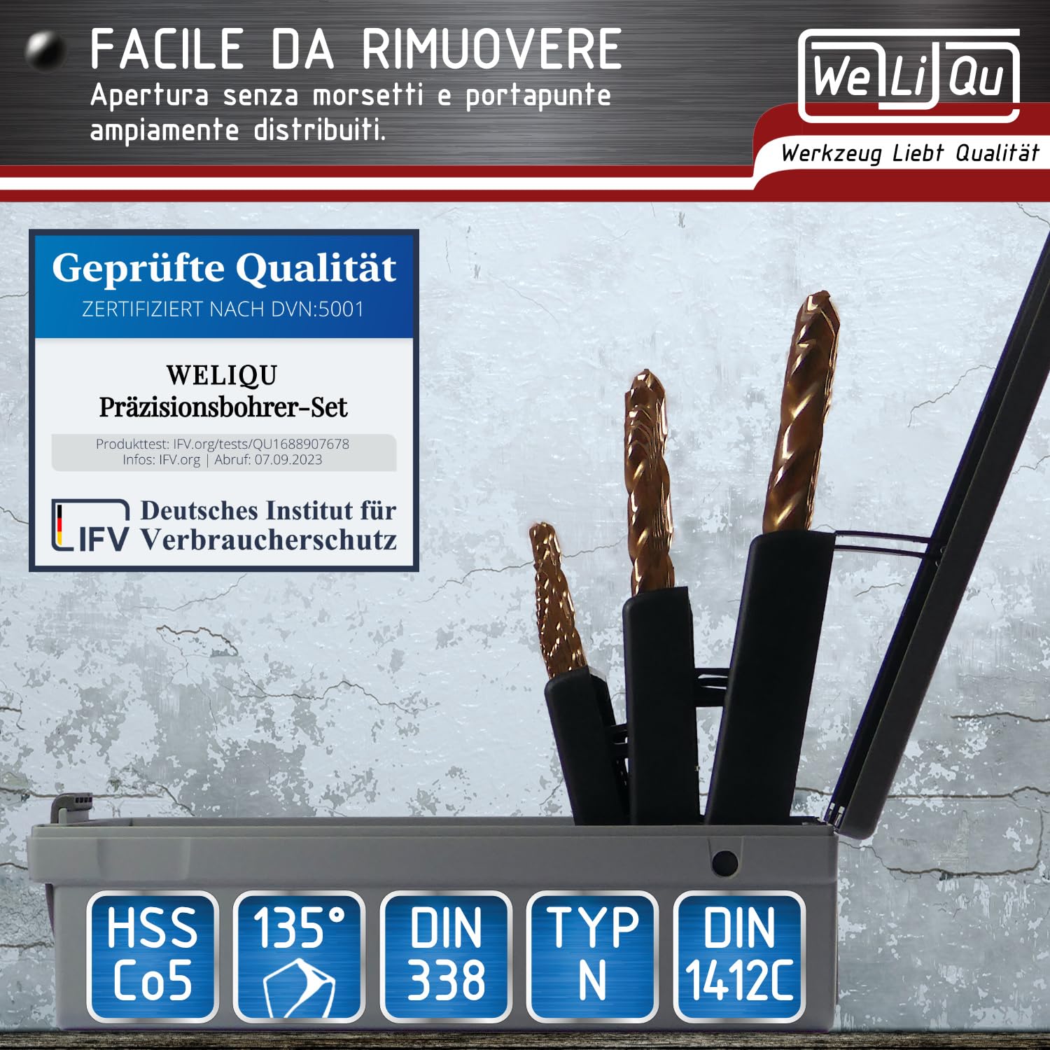 WeLiQu® Set di punte elicoidali per trapano HSS-E M35 Cobalt, 25 pezzi, passo da 1-13 mm, passo da 0,5 mm, autocentranti, DIN 338, tipo N, 135°, per acciaio fino a 1.000 N/mm², V2A CrNi Bronzo Ghisa