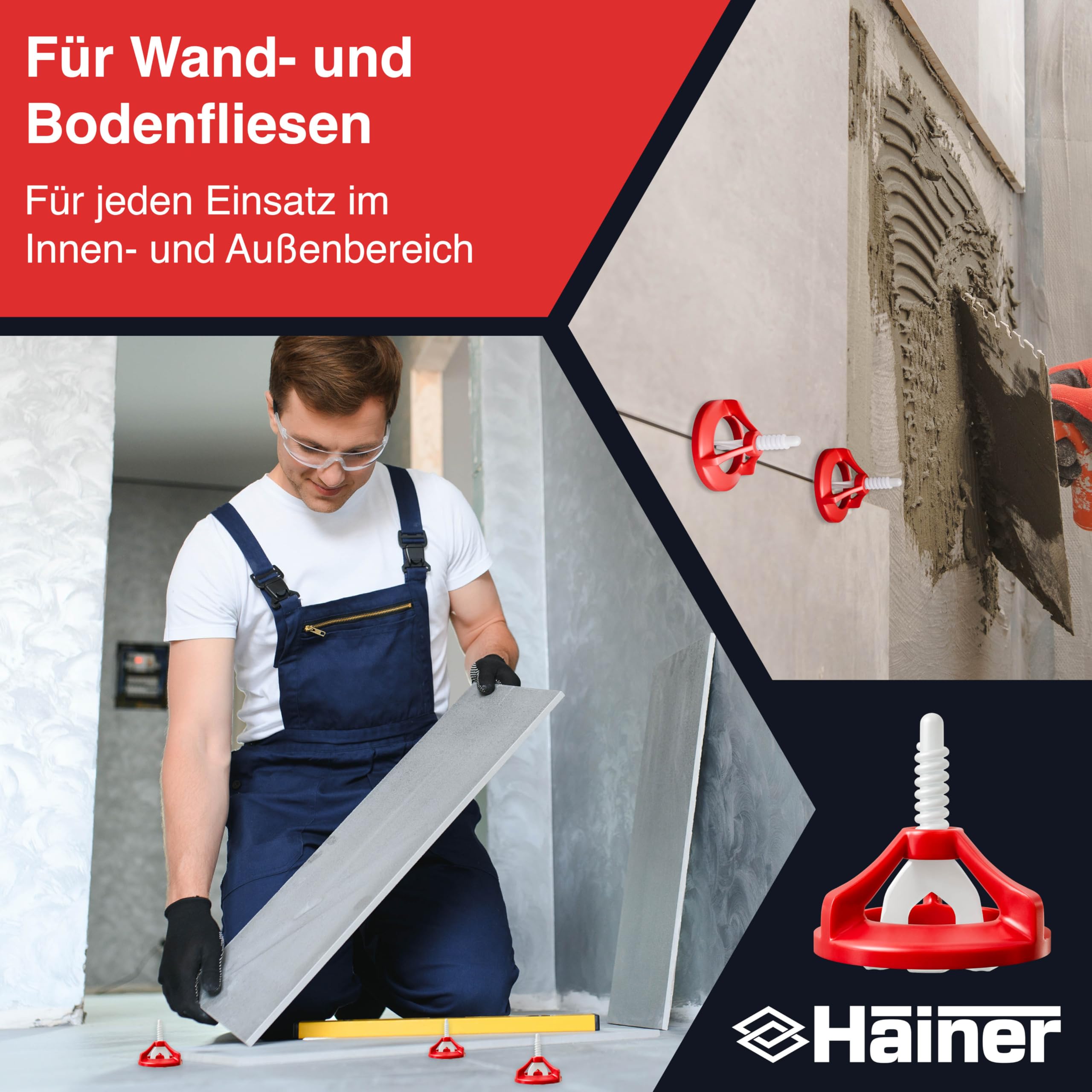 Hainer® Premium Fliesen Nivelliersystem Fliesenverlegehilfe | Saubere Fugen durch perfekte Abstandshalter, für Heimwerker & Profis inkl. Ebook und Anleitung (Set 100 Hauben + 200 Laschen, 2mm)