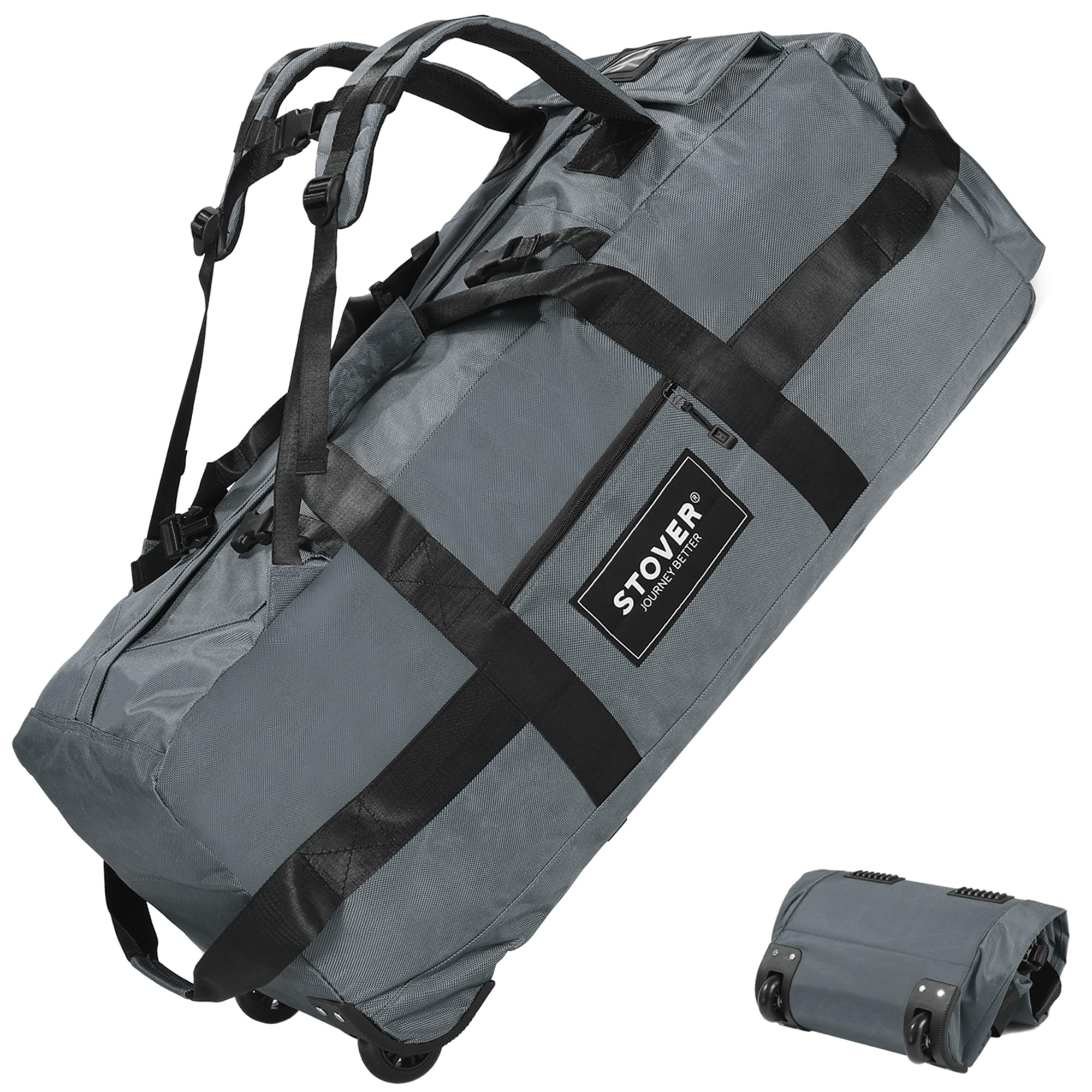 STOVERRolling Duffel Bag with Wheels, Large Travel Duffle Bag, Collapsible with Backpack Shoulder Straps for Men Women, Grey, 80L