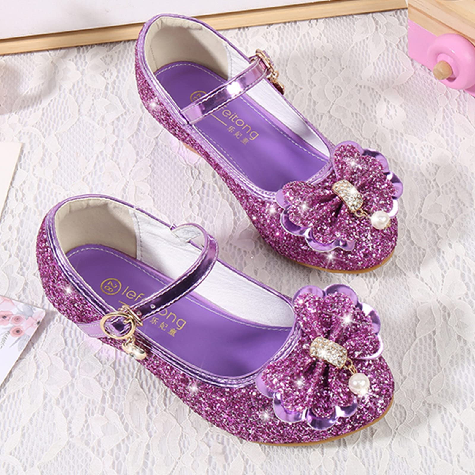 Zapatos de noche purpurina pedrería princesa lazo Mary Jane tacón grueso para niños niñas