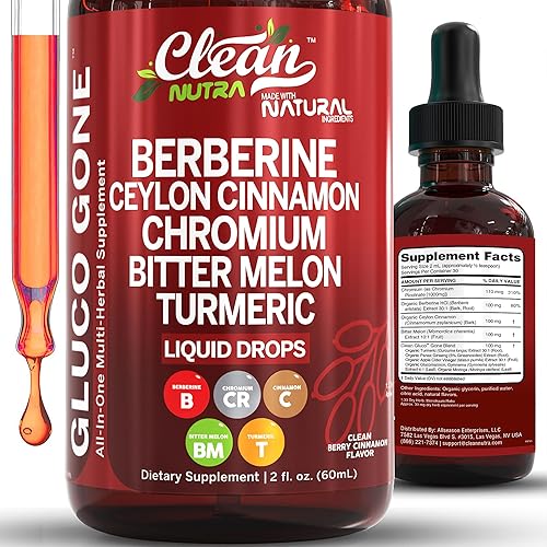 Clean Nutra Berberine con suplemento de canela de Ceilán gotas líquidas + extracto de melón amargo, glucomanano, gimnasia, cromo, cúrcuma, panax