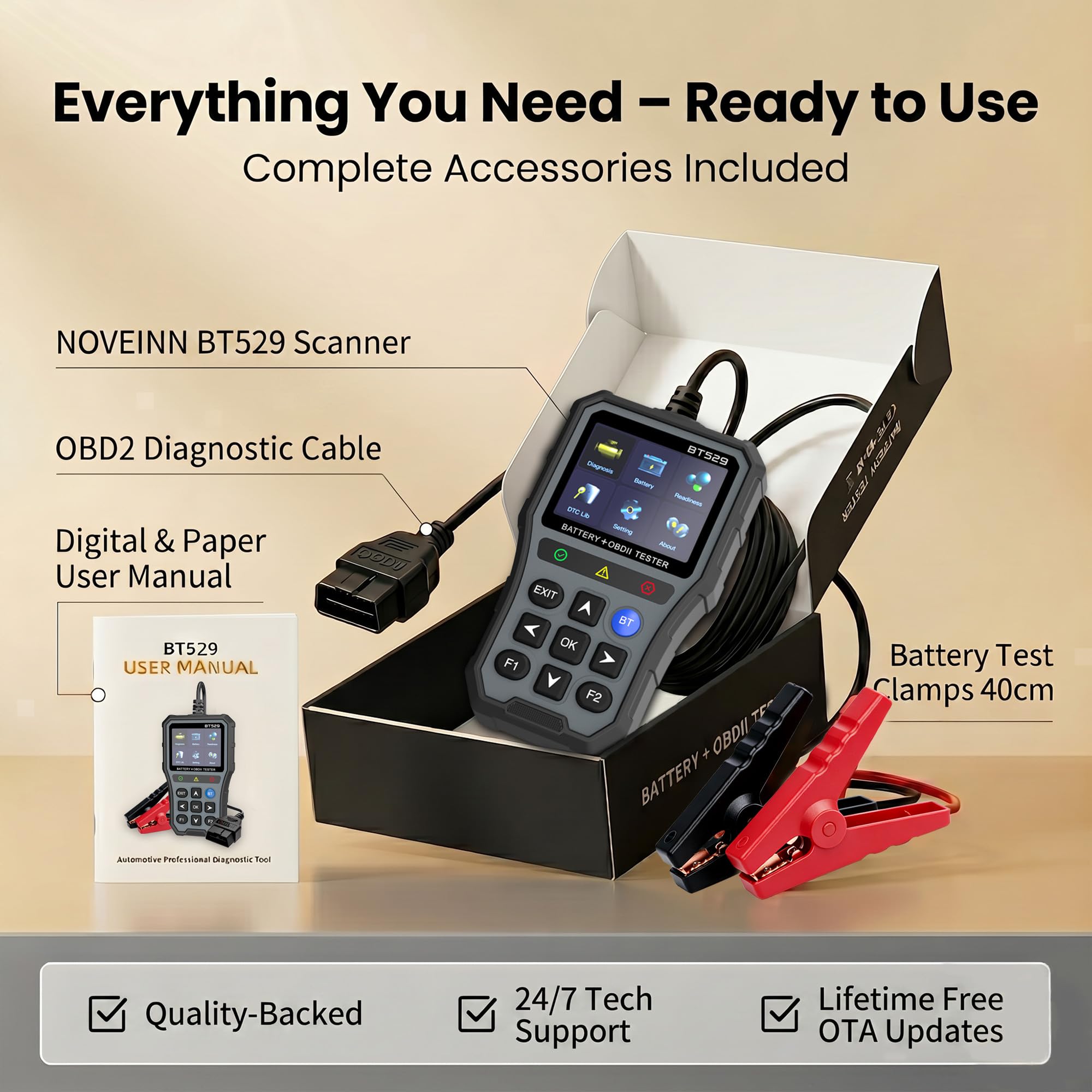 NOVEINN BT529 OBD2 czytnik kodów skanera, sterowanie aplikacją Bluetooth, narzędzie diagnostyczne 2 w 1 i tester baterii 12 V, dane na żywo, test EVAP, gotowość I/M do samochodów osobowych i