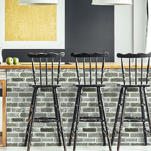 Miniatura 4 de Papel tapiz de ladrillo gris para despegar y pegar, papel tapiz de ladrillo sintético de 17.7 x 196.8 pulgadas, papel de contacto de ladrillo