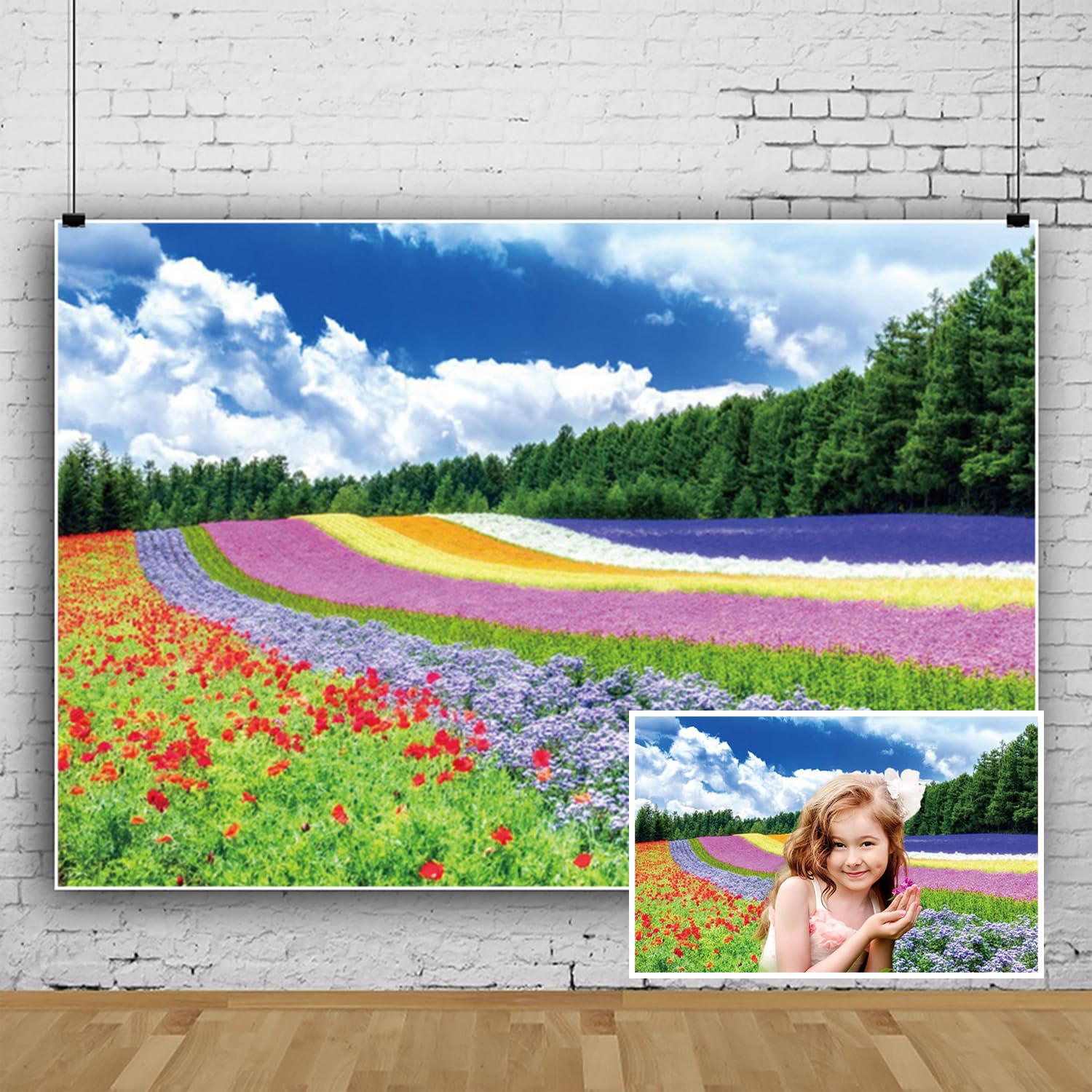 3,6 x 3 m wiosenne kwiaty kolorowe tło czerwone fioletowe dzikie kwiaty pola niebieskie niebo białe chmury zielony las drzewa fotografia tło ślub urodziny przyjęcie dekoracja
