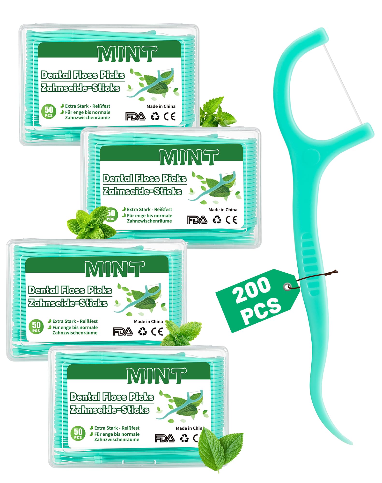200 szt. nici dentystycznej w sztyfcie, miętowa, nić dentystyczna z wykałaczką, o smaku mięty, odporne na rozerwanie, do czyszczenia szczelin, pałeczki z nicią dentystyczną (4 x 50)