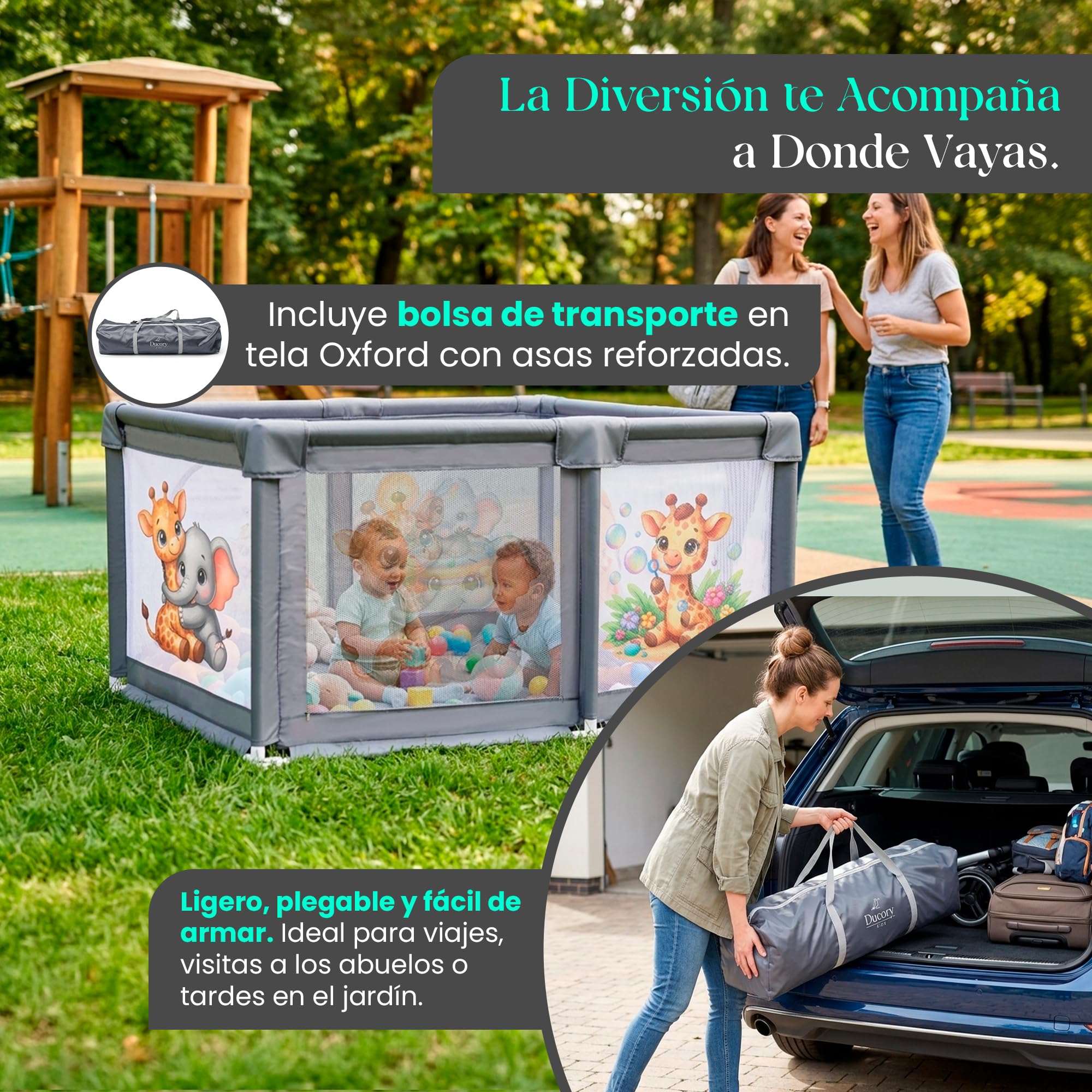 Ducory Parque Infantil Bebe 120X120 X75cm Altura, 2 Puertas, Alfombra Acolchada Plegable, Incluye Bolsa de Transporte + 4 Agarraderas + Juguete Educativo Musical + Sonajero, Corralito Bebe