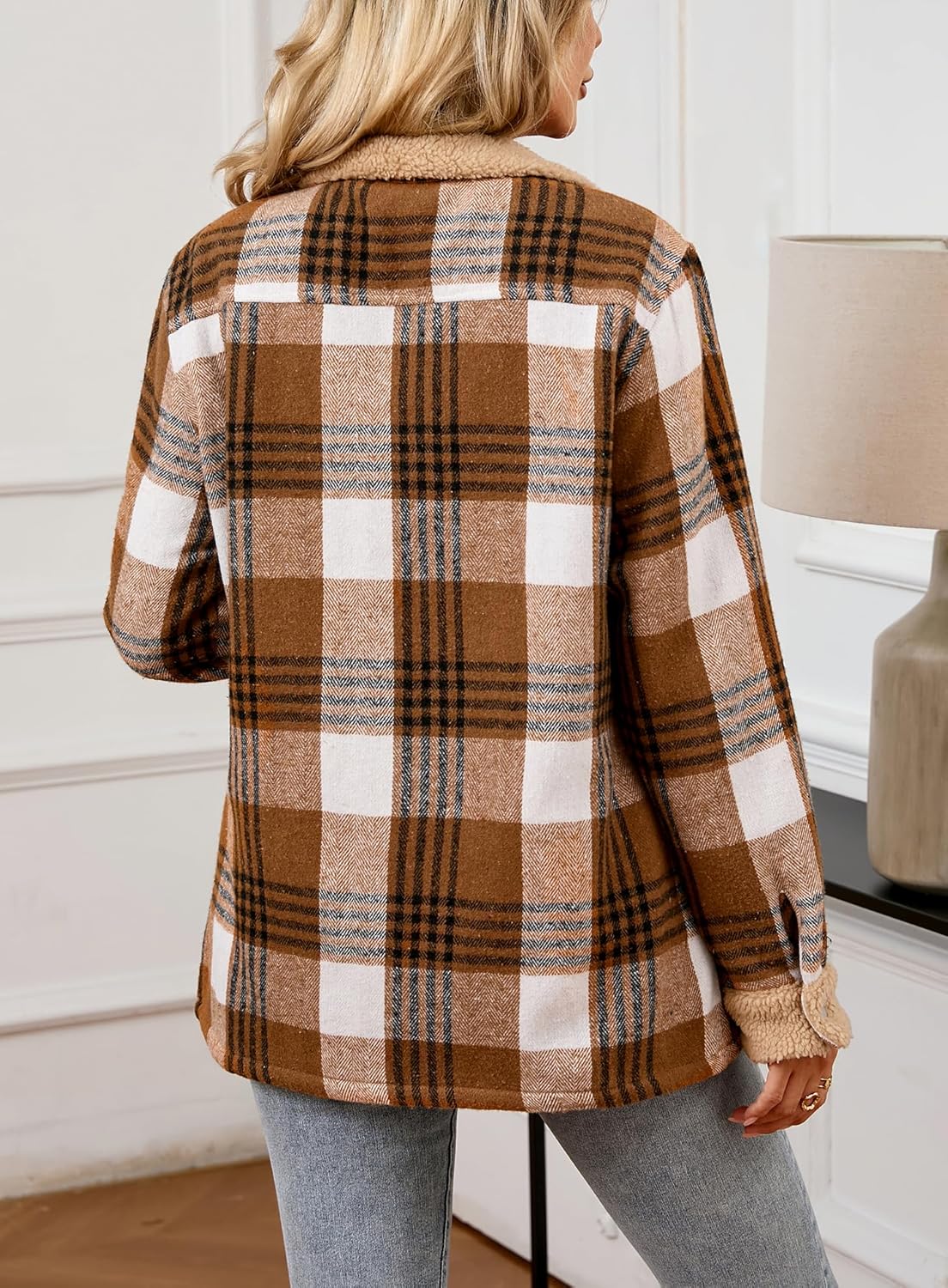 Women's Sherpa Lined Jackets Sherpa Turn-Down Collar Full Zip Fleece Flannel Jacket for Women Trendy - Image 2