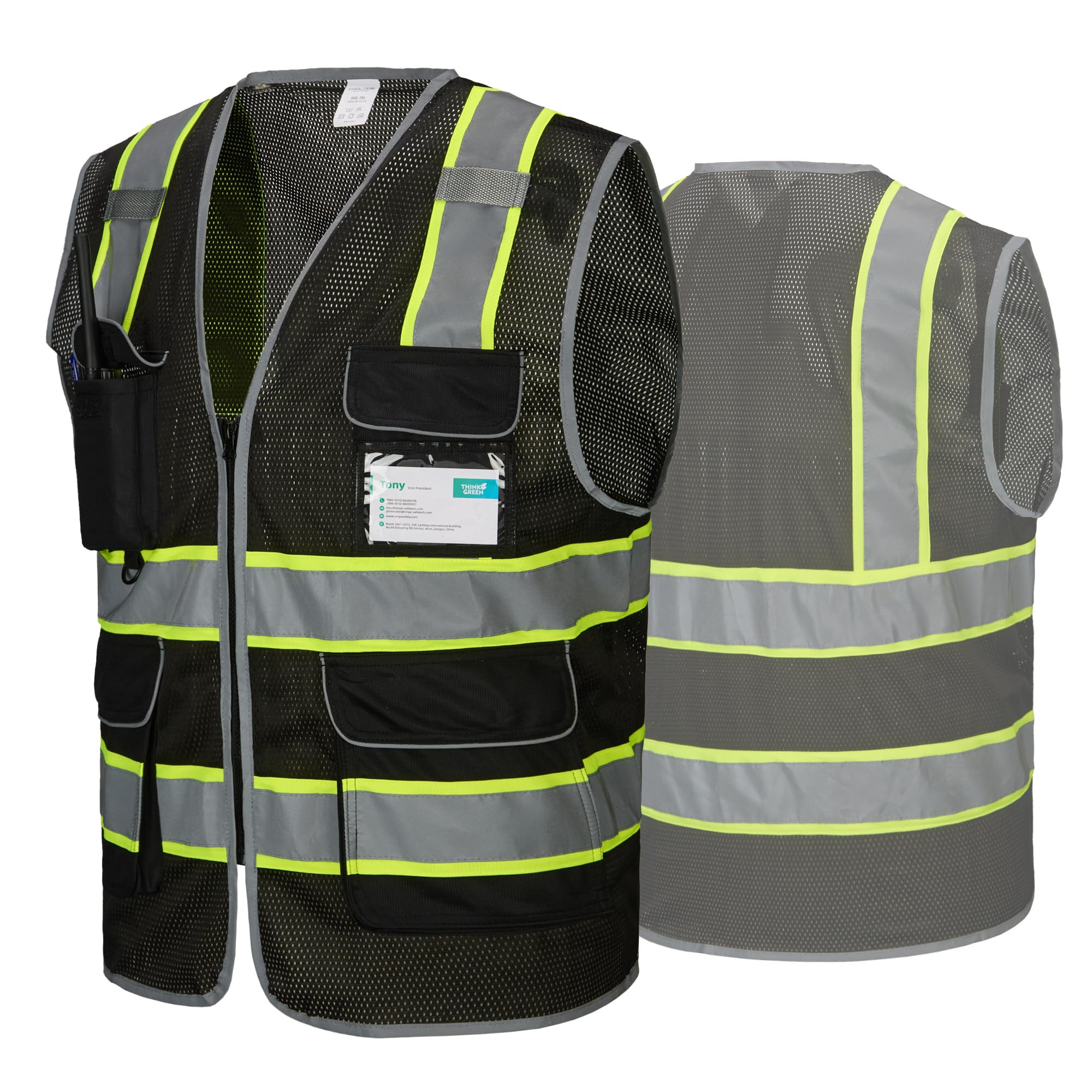 COOLJOB 9 Pockets Reflective Mesh Safety Vest for Men, Hi-vis Work Vest for Construction, Class 2 ANSI Standard, Black Yellow