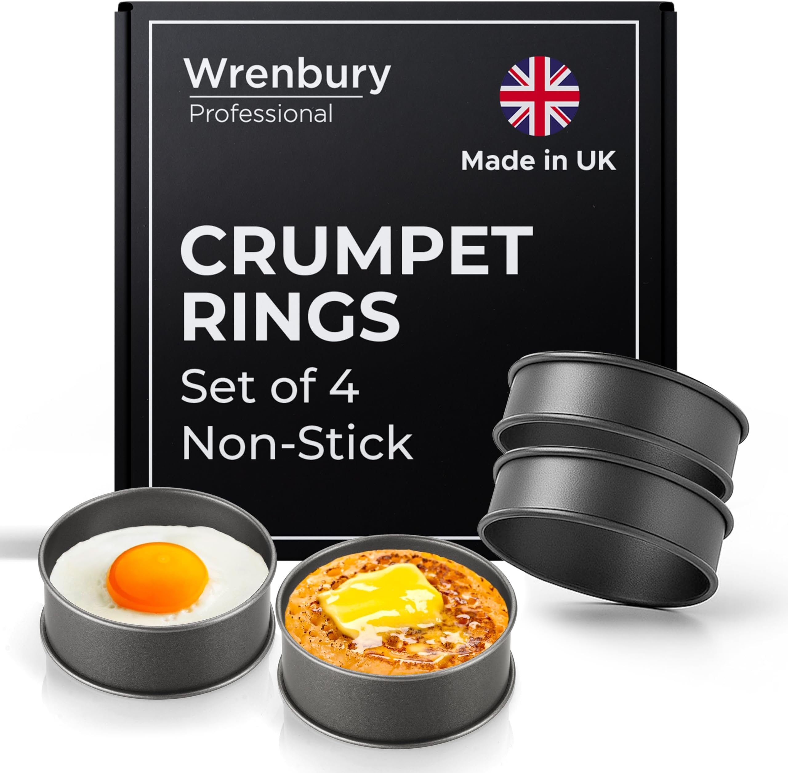 Wrenbury Crumpet Rings Nonstick 3.5 inch - English Muffin Rings - Set of 4 Food Ring Molds for Cooking โ Metal Baking Egg Ring Set - Made in England