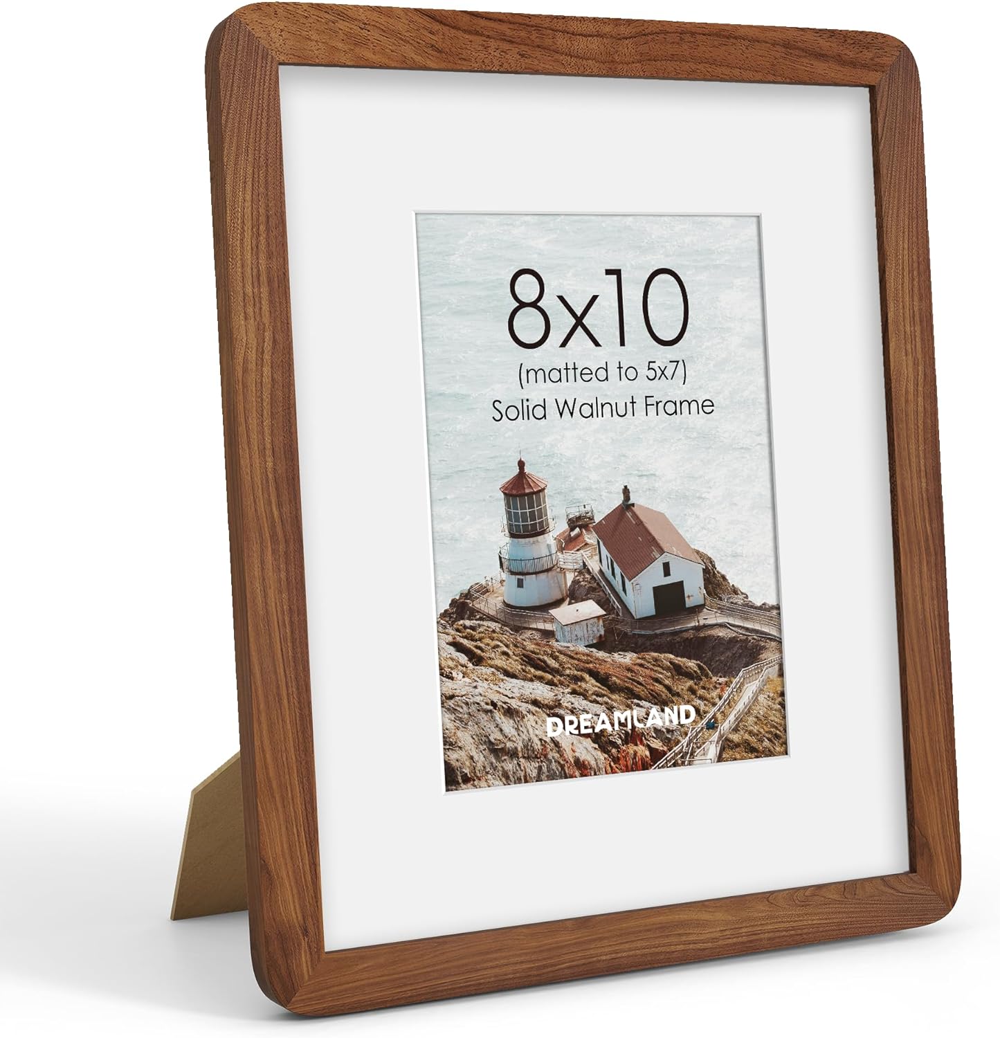 Dreamland 8x10 Picture Frame with Mat for 5x7, USA-Sourced Natural Walnut Wood Photo Frames with Resistant Plexiglass, 8 x 10 Handcrafted Round Corner Gallery Wall Frames for Art Photo and Prints