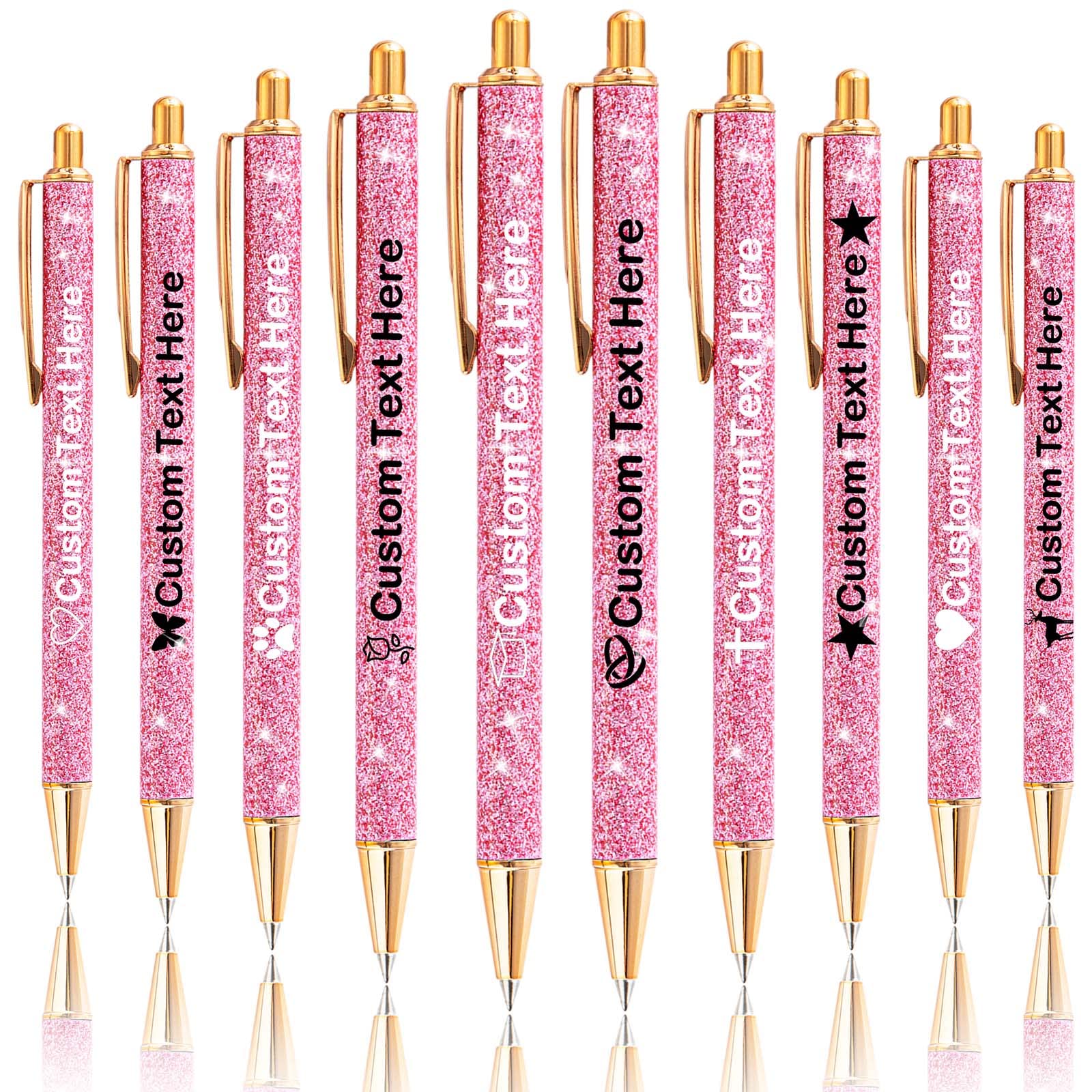 Xiuyours Personalised Pens for Women Custom Glitter Pen with Name Logo Imprinted, 10 Customised Sparkly Bling Ballpoint Pen Gift for Wedding Birthday Office Graduation, Pink