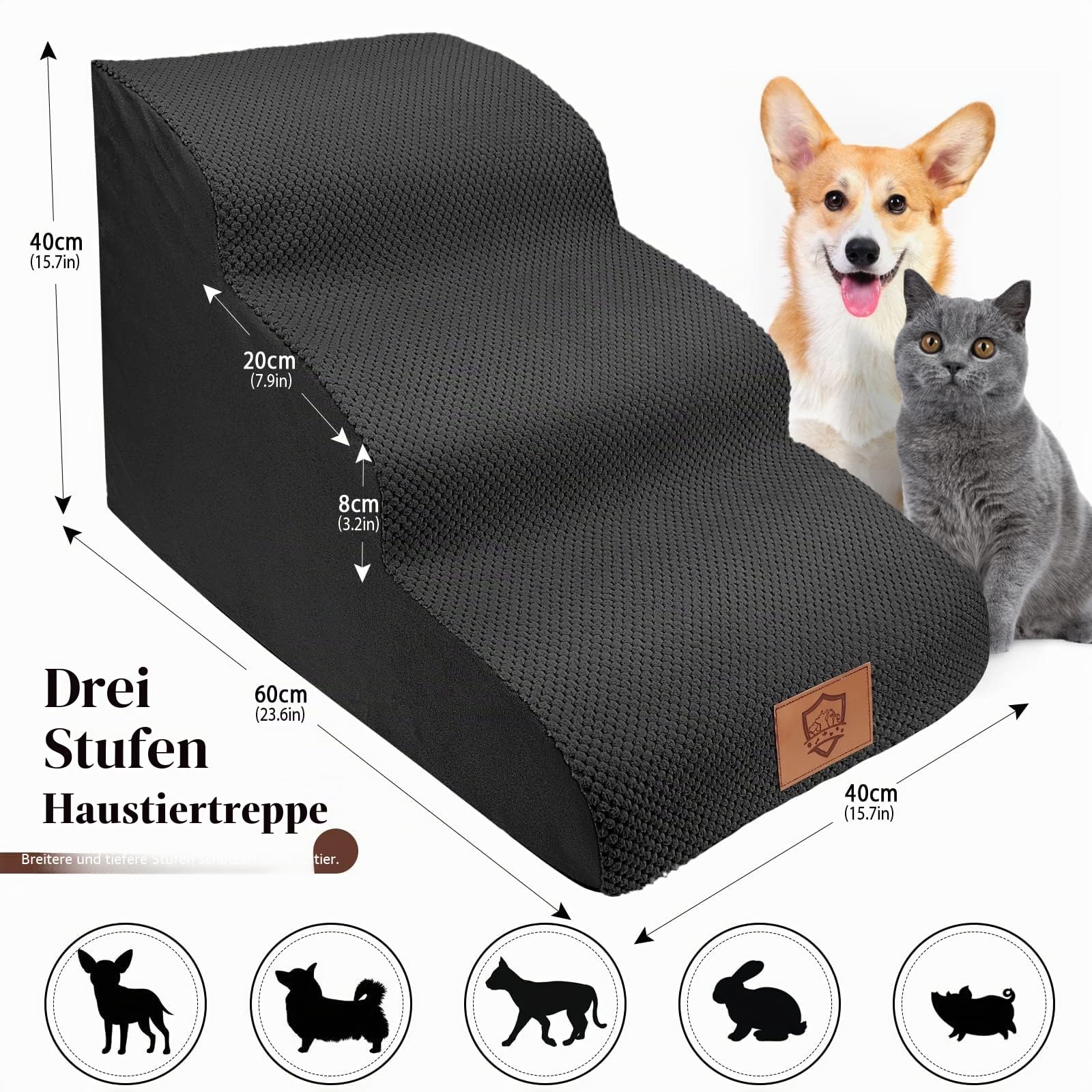 Hundetreppe – 3 Stufen Haustiertreppe 40cm Hoch – Hochdichter Schaum – Abnehmbar waschbarer Bezug – rutschfest & Gelenkschonend für Kleine Hunde Katzen zum Sofa und Bett