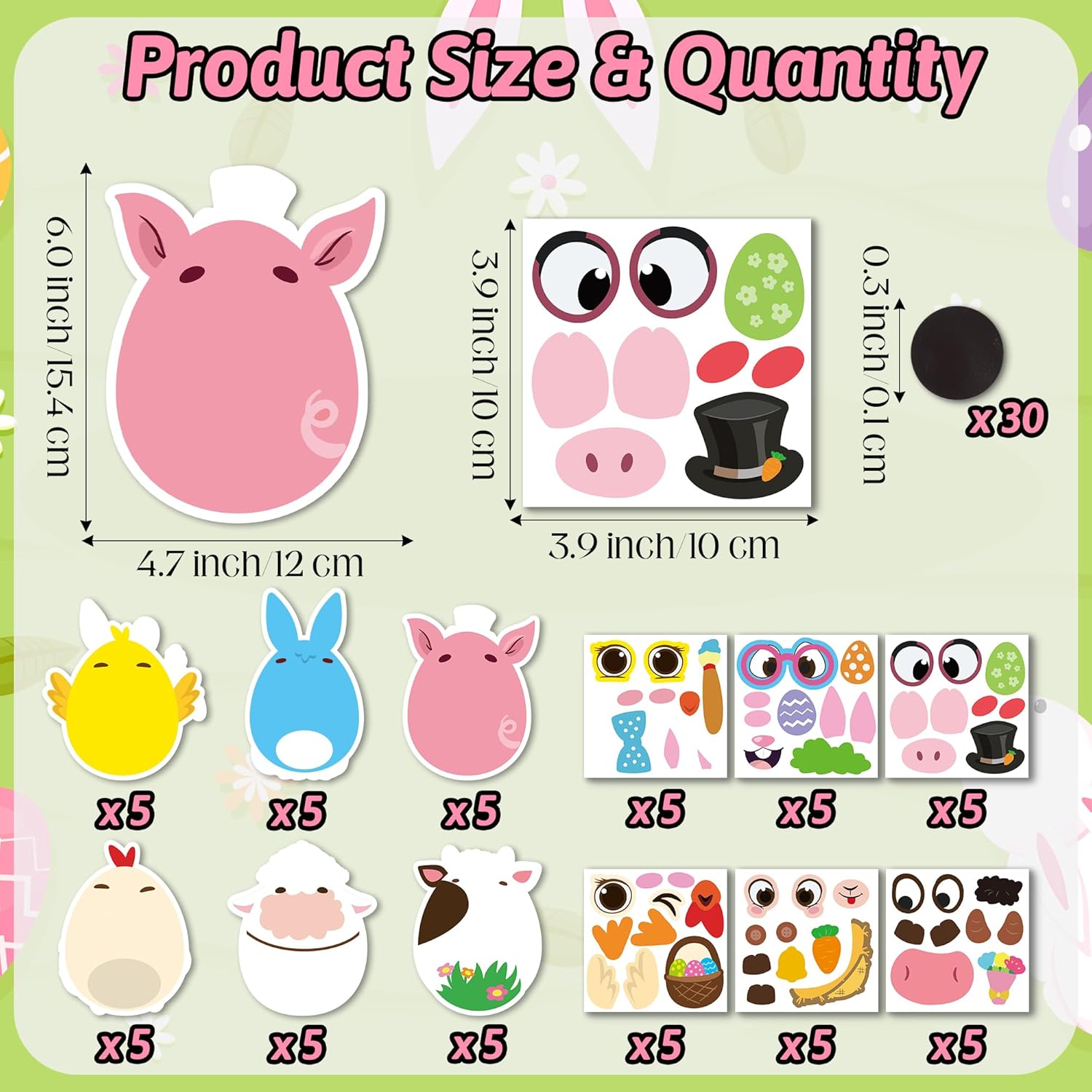 Haooryx DIY Easter Egg Magnet Craft Kit - 30 Set Make Your Own Easter Animal Egg Sticker Decoration Rabbit Chick Paper Craft for Kid School Art Project Refrigerator Bulletin Board Spring Holiday Decor