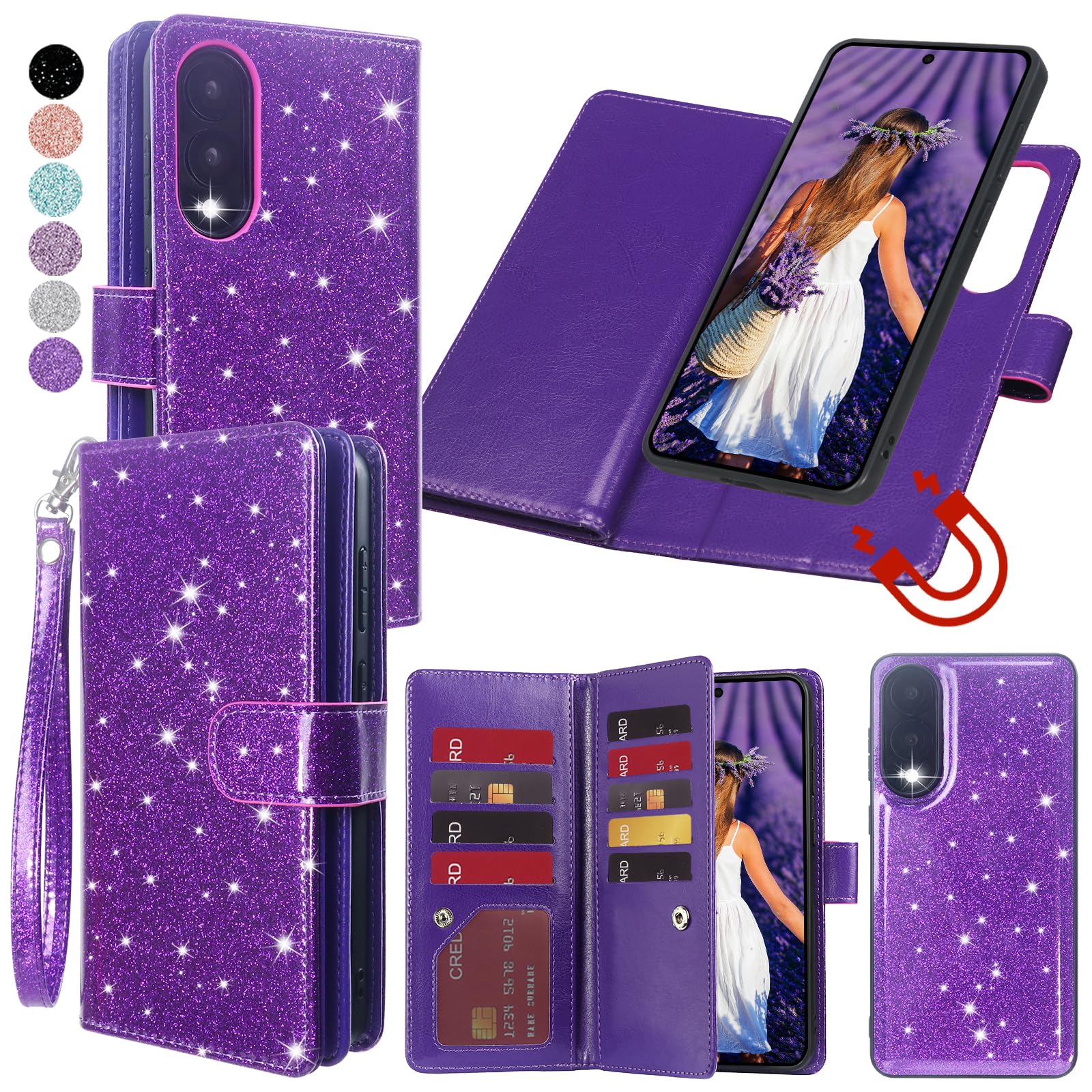 Varikke for Galaxy S25 Edge Wallet Case Detachable with RFID Blocking Card Holder for Women, Glitter Leather Strap Magnetic Flip Removable Phone Case