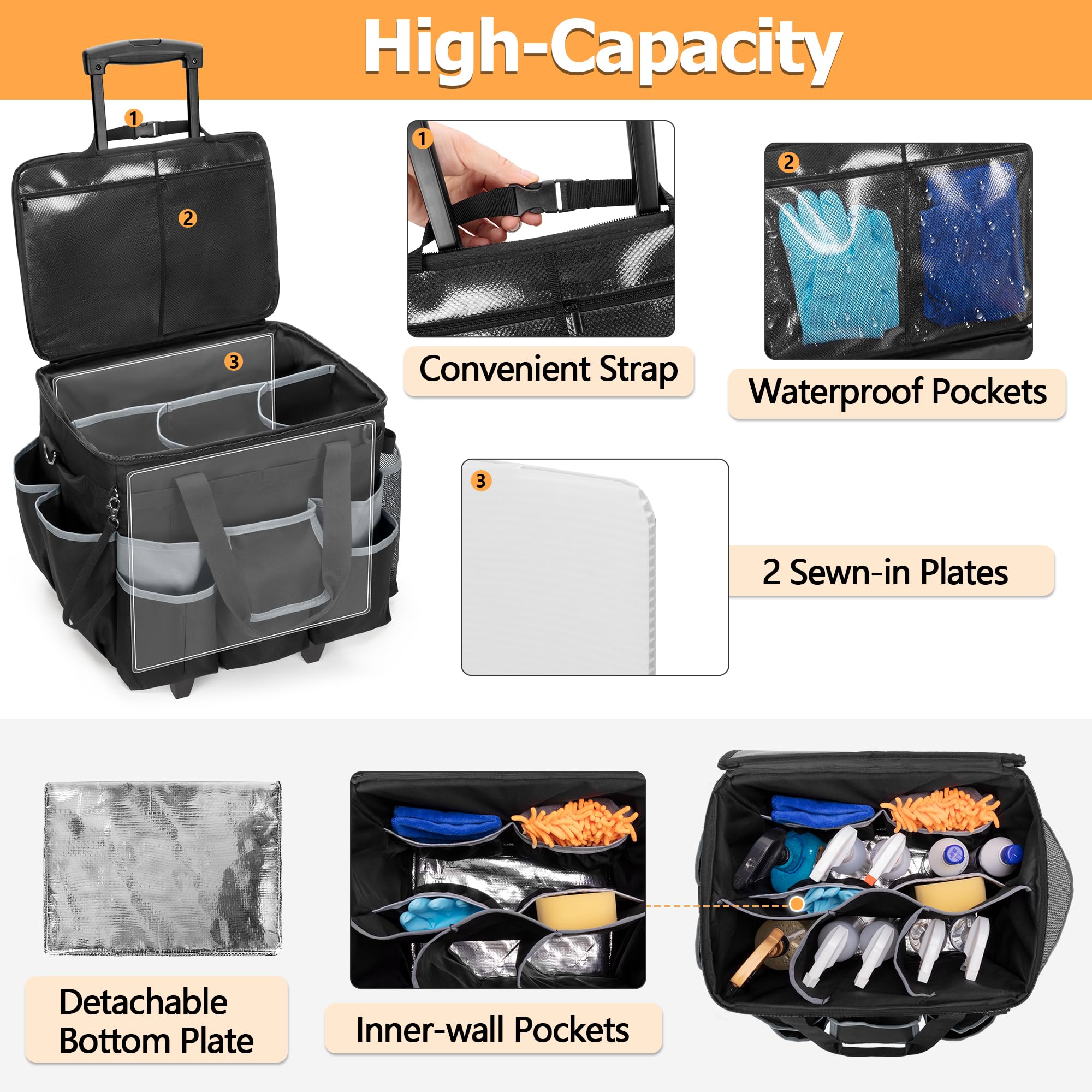 HODRANT Grande borsa per la pulizia su ruote con carrello rimovibile e coperchio, carrello organizer per la pulizia su rotelle, cuscino per la pulizia portatile con tracolla e maniglie, nero