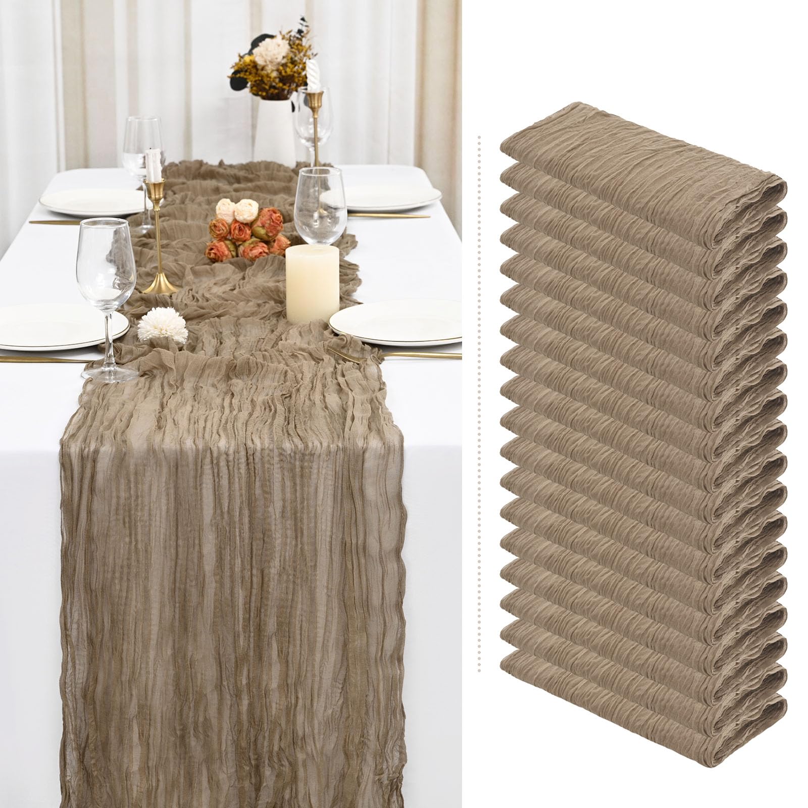 Showgeous 18 Pack Light Brown Cheesecloth Table Runner 35 x 120 Inch Long Cheese Cloth Table Runner Semi-Sheer Boho or Rustic Wedding Table Decor for
