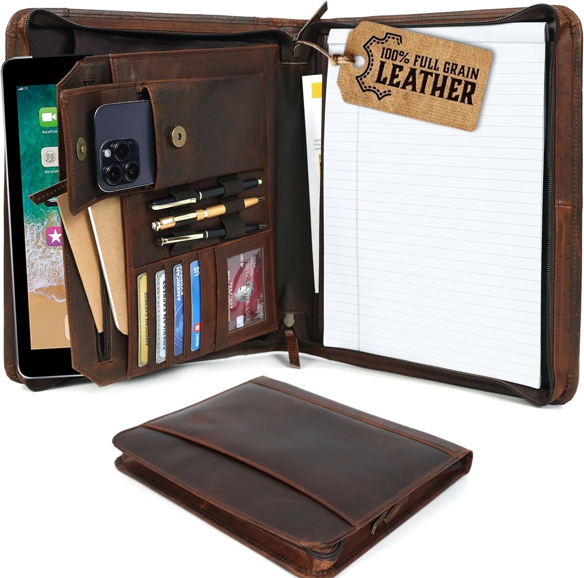 Portafolio de cuero para hombres, organizador de portafolios con cremallera para hombres y mujeres, portafolios de cuero para currículum de negocios, cuaderno legal para A4/bloc (marrón)