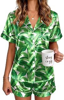 Ekouaer Satin Pajamas for Women Silk Pjs Short Set 2 Piece Lounge Sets | Short Sleeve Button Up Sleepwear,Notch Collar,Sleep,Bridal,Maternity,Postpartum,Wedding Party,Daily,Working from Home,Gifts